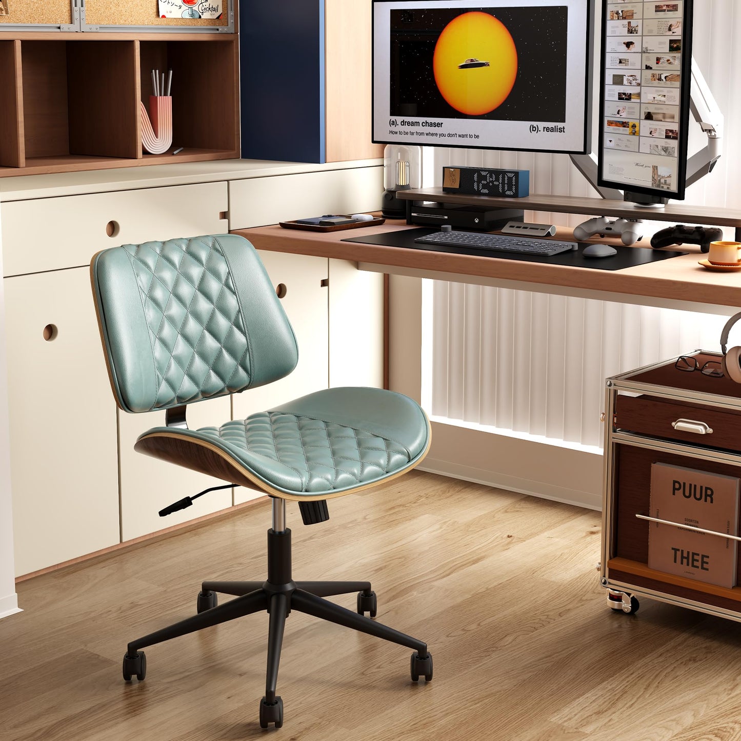 zavxzren Home Office Chair No Arms with Wheels, Armless Adjustable Height Small Desk Chair, Armless PU Leather Computer Chair Mid Back 360 Swivel, Modern Walnut, Reading Meeting Room (Green)