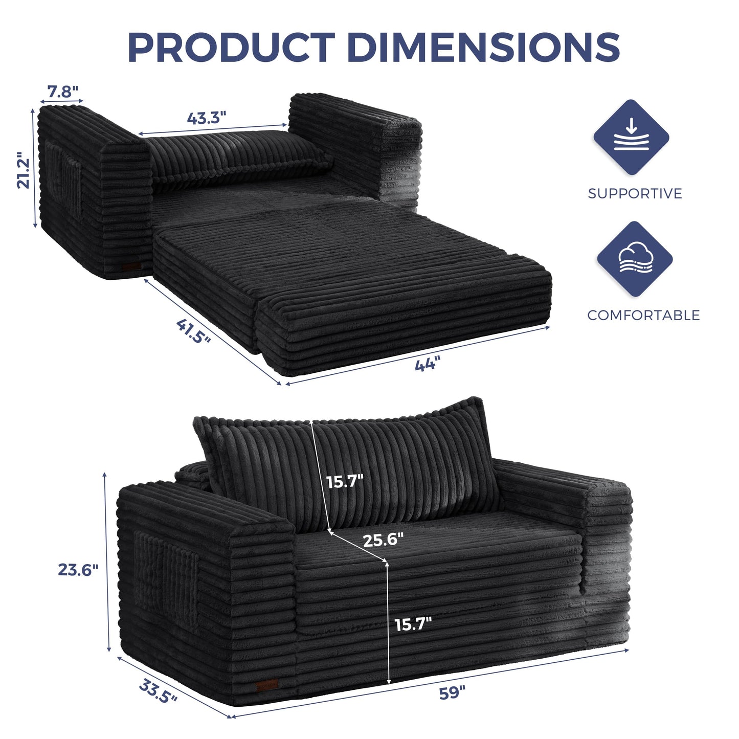 MAXYOYO Convertible Sofa Bed, 2 in 1 Folding Couch Bed for Small Space, Pull Out Loveseat Sofa Couch with Large Back Pillow, Plush Faux Fabric Lounge Couch for Living Room, Apartment, Black