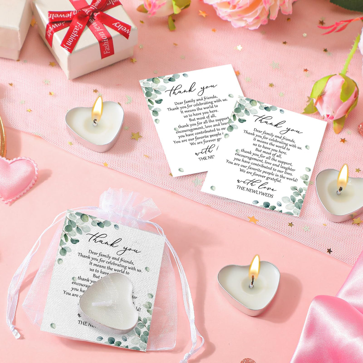 Threlaco 150 Sets Wedding Favors for Guests Bulk Mini Heart Shaped Candles Wedding Party Favors for Guests with Thank You Cards and Organza Bags Bridal Shower Party Souvenir Candle Gifts
