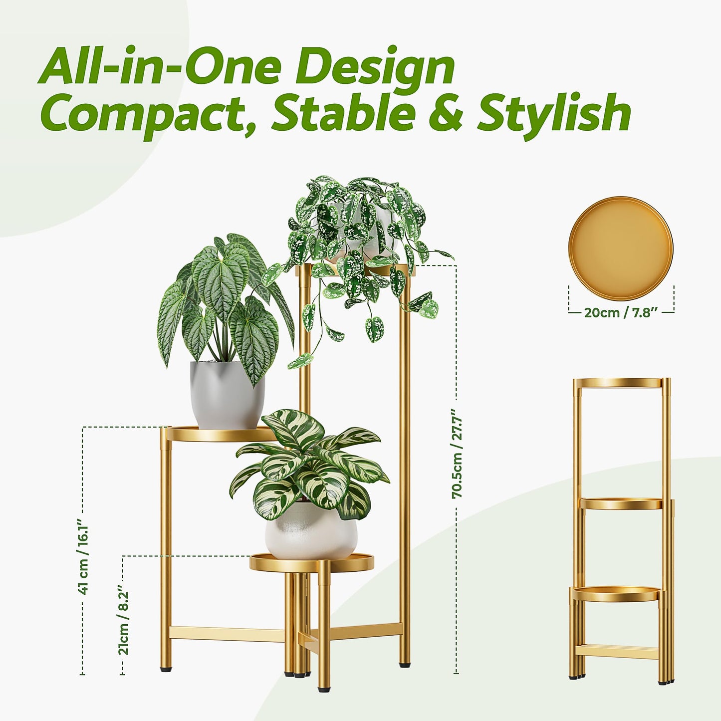 NQW 3 Tiered Plant Stand Indoor for Multiple Large Planter, Tall Heavy Duty Adjustable Folding Rack with Rustproof 7.9 Inch Wide Tray, Gold Plant Shelf for Corner Living Room - GoldDisk
