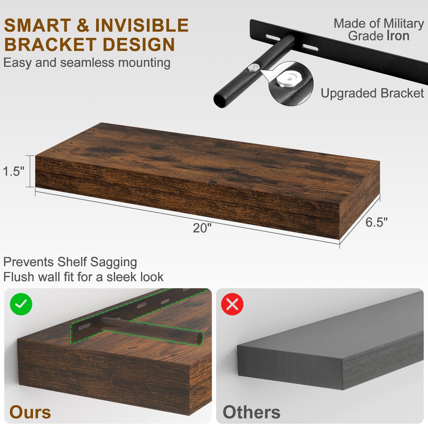 Fun Memories Floating Shelves for Wall, 20Inch Floating Shelves Set of 2, Hanging Shelf with Invisible Brackets, Wood Shelves for Living Room, Bedroom, Kitchen, Brown