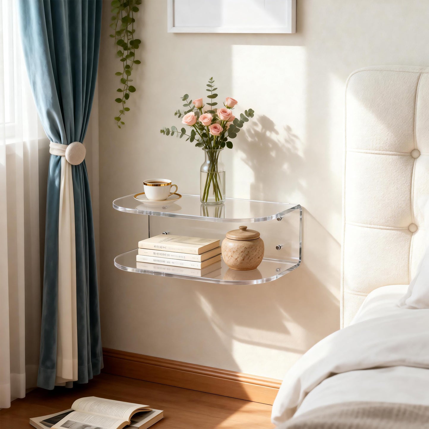 Dewrhiixe Acrylic Floating Nightstand, Wall Mounted Bedside Table Shelf (Clear, 15.7”×9.4“×5.9”)