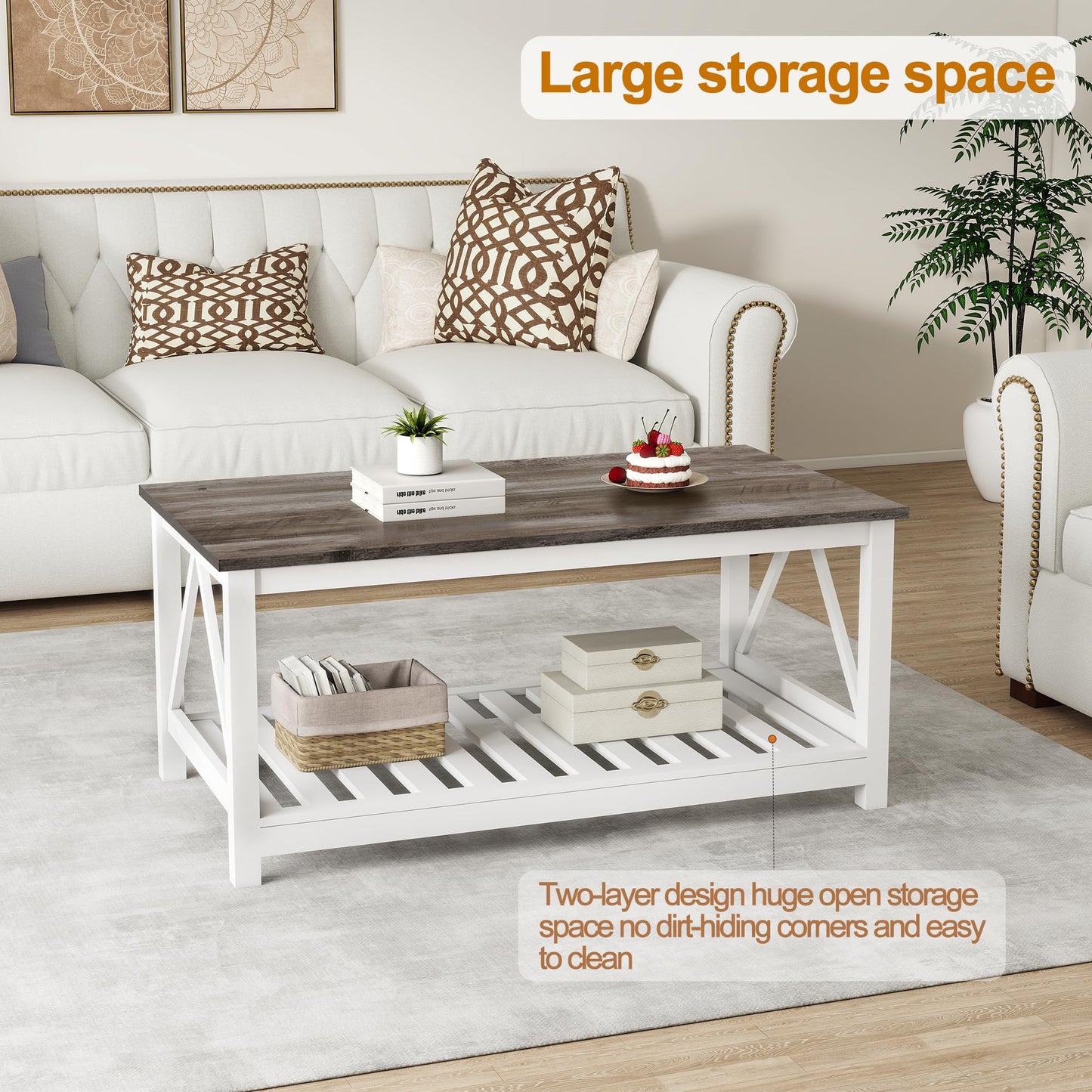 UYIHOME Farmhouse Coffee Table, White Oak Coffee Table for Living Room, 2-Tier Rectangular Wooden Centre Cocktail Table with Slats Shelf Storage and V-Shaped Frame Modern Coffee Oak Grey