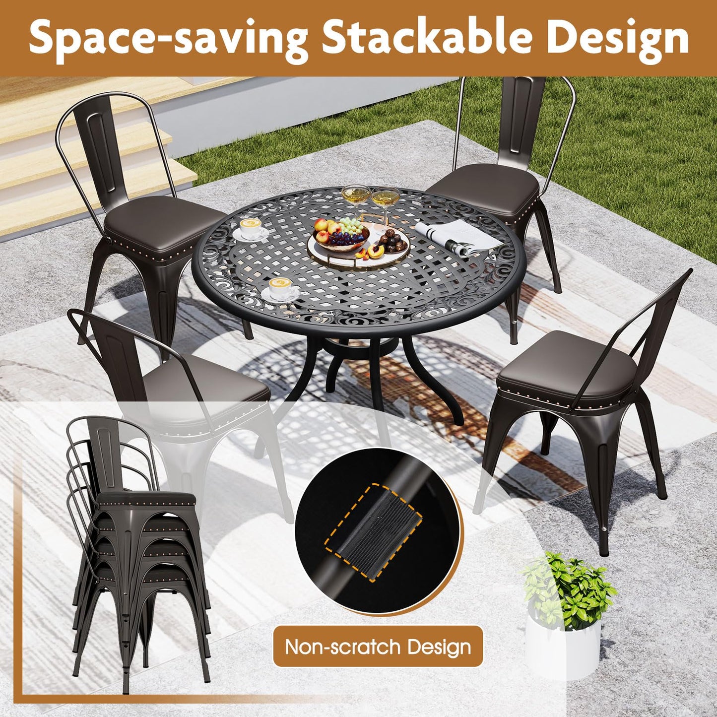 COSTWAY Metal Dining Chairs Set of 4, 18.5 Inch Stackable Industrial Kitchen Tolix Side Chairs with Cushions, Detachable High Back for Dining Room, Cafe, Restaurant, Bistro (Bronze)