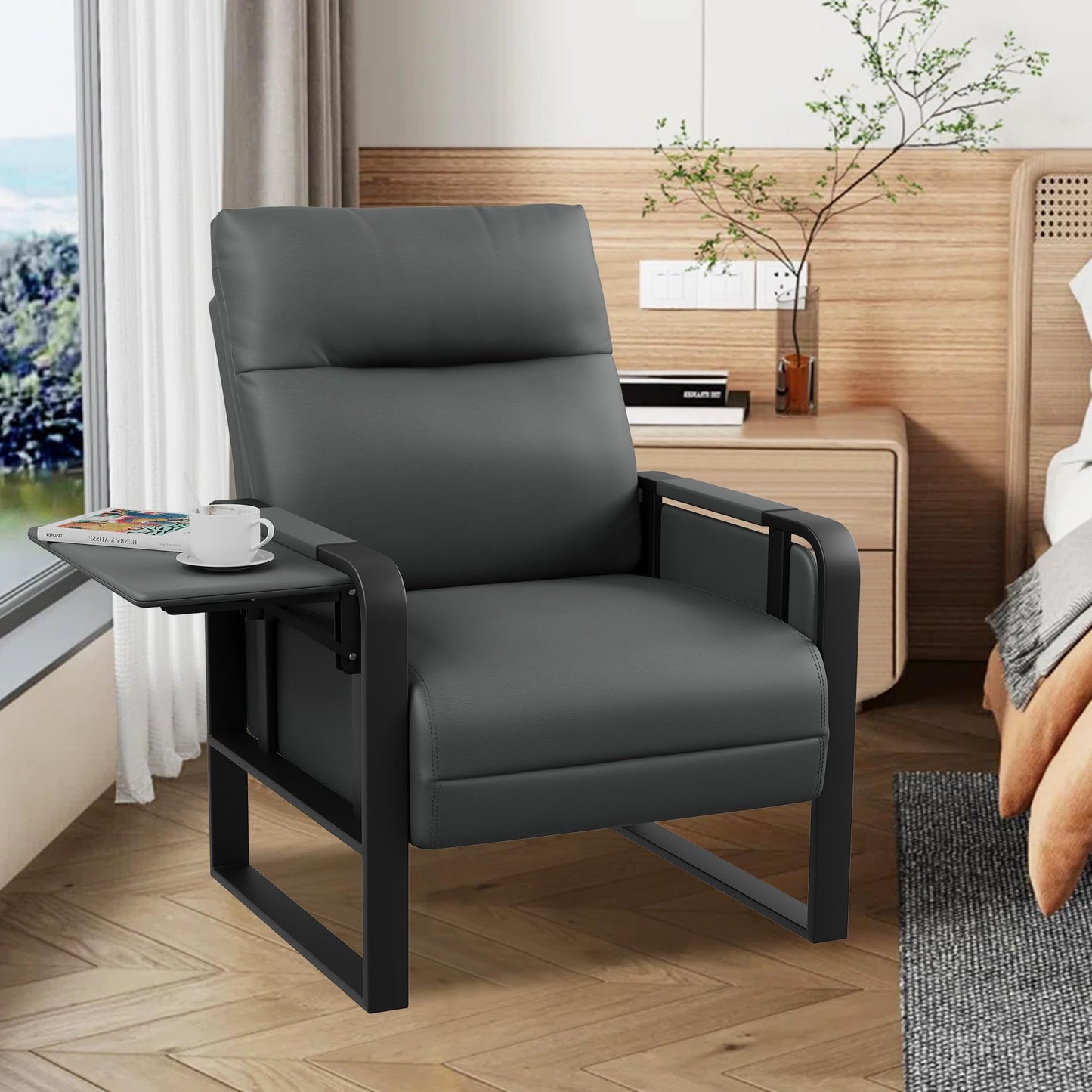 Apeaka Modern Faux Leather Accent Chair Upholstered Armchair with Side Table for Bedroom Living Room Chairs Office Chair Grey Leisure Chair