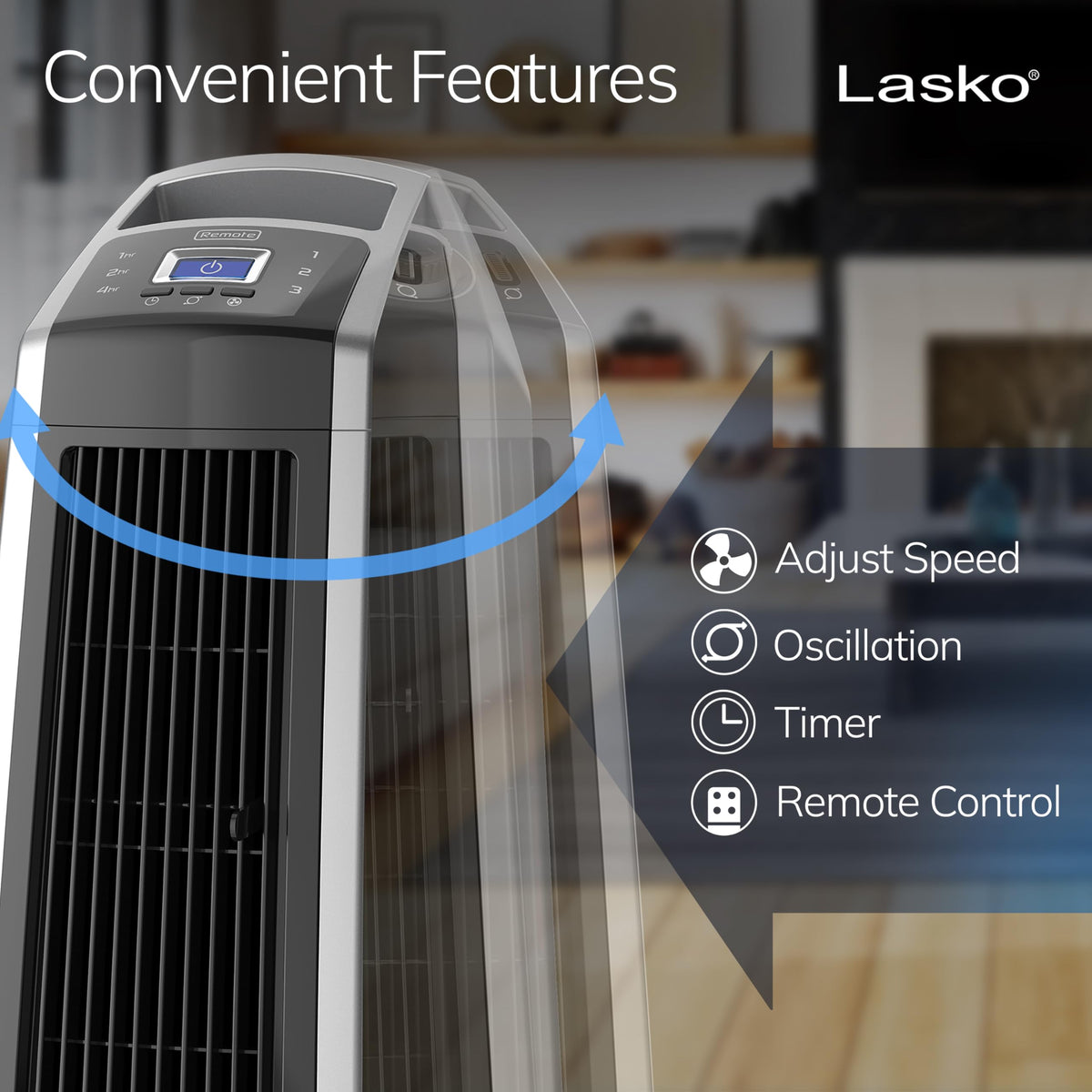 Lasko High Velocity Oscillating Tower Fan for Bedroom, Garage, Basement, and Gym with Remote Control, Timer, 3 Powerful Speeds, 35" Silver/Black, U35115