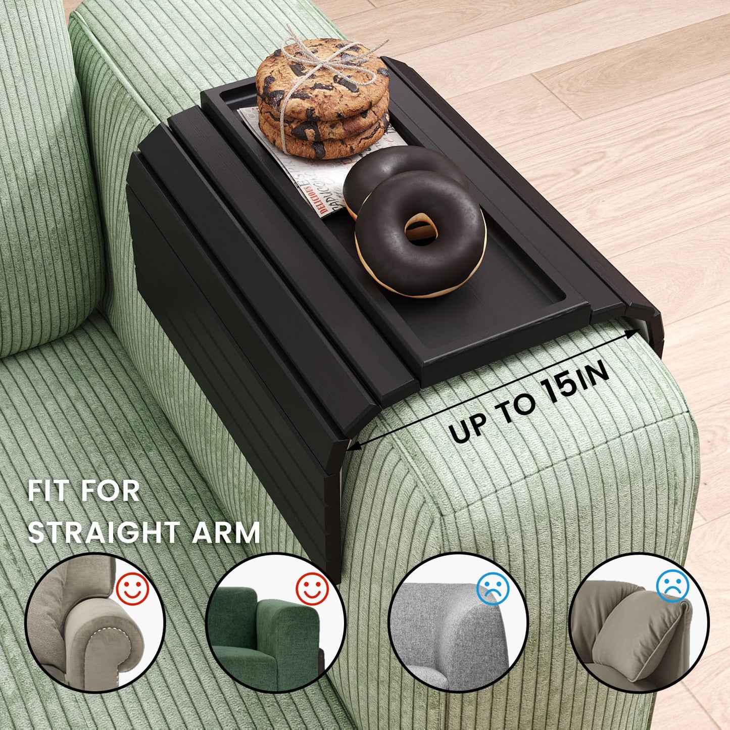 Danfoxer Sofa Arm Tray,Bamboo Folding Couch Arm Tray,Sofa Armrest Trays with Anti-Slip Pad for Drinks,Snacks,Phone,Remote Control（Black）