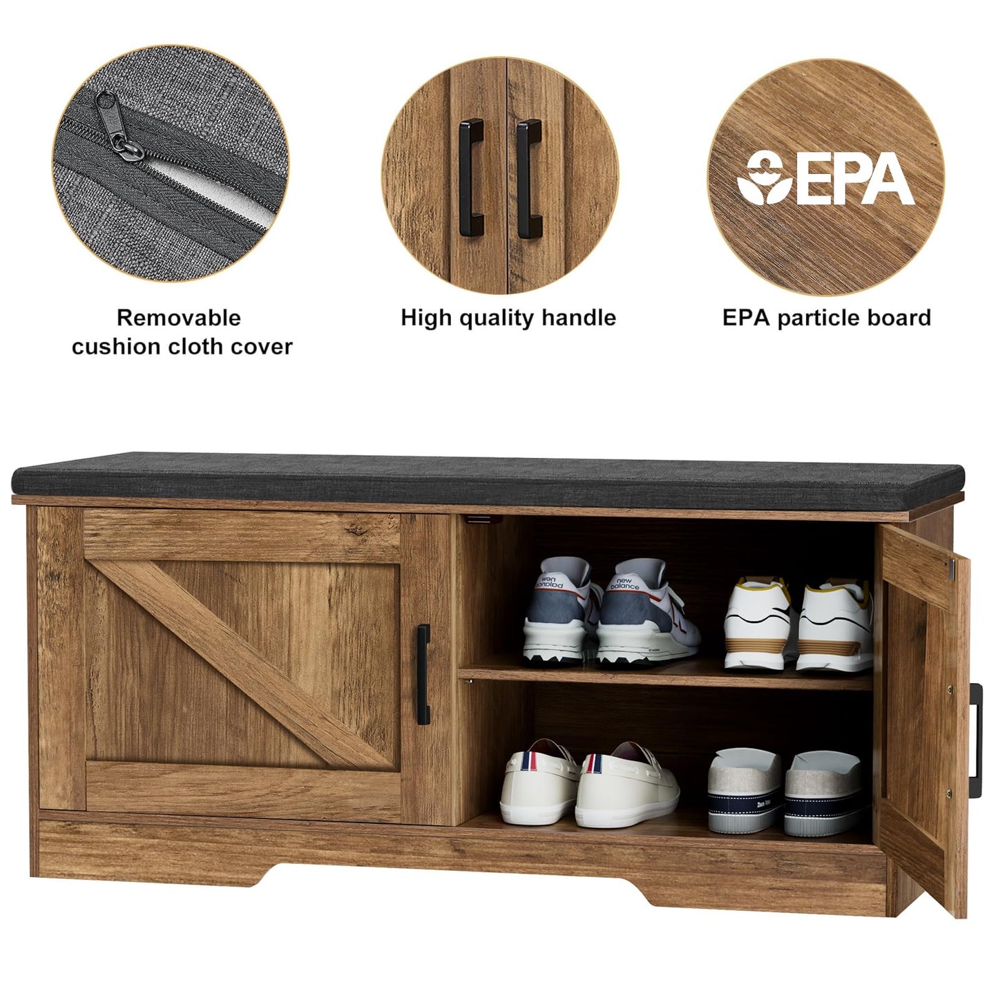 HOMSHO 2-Tier Storage Bench, 39.4" Wide Shoe Bench with Padded Seat Cushion, Entryway Bench with 2 Barn Doors and Adjustable Shelf, Rustic Walnut