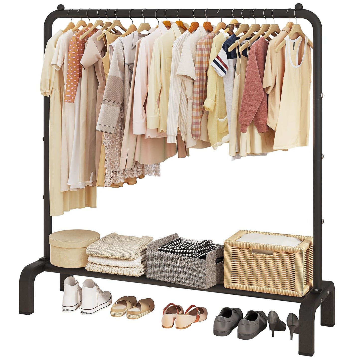 JIUYOTREE Metal Clothing Rack, 43.3 Inches Garment Rack with Bottom Shelf for Hanging Clothes, Coats, Skirts, Shirts, Sweaters, Black