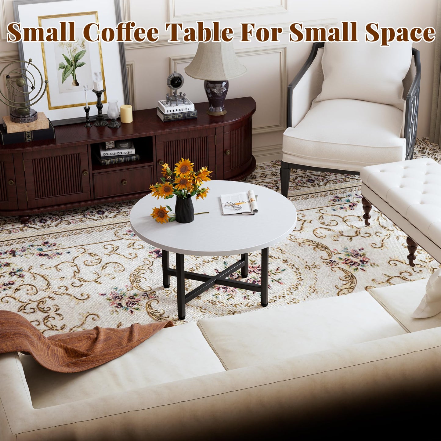 FURMORENE Coffee Table, 23.6" Small Coffee Tables, Gray Round Coffee Tables for Living Room, Floor Table for Sitting on The Floor, Center Coffee Table with Metal Frame for Office Apartment Home, White