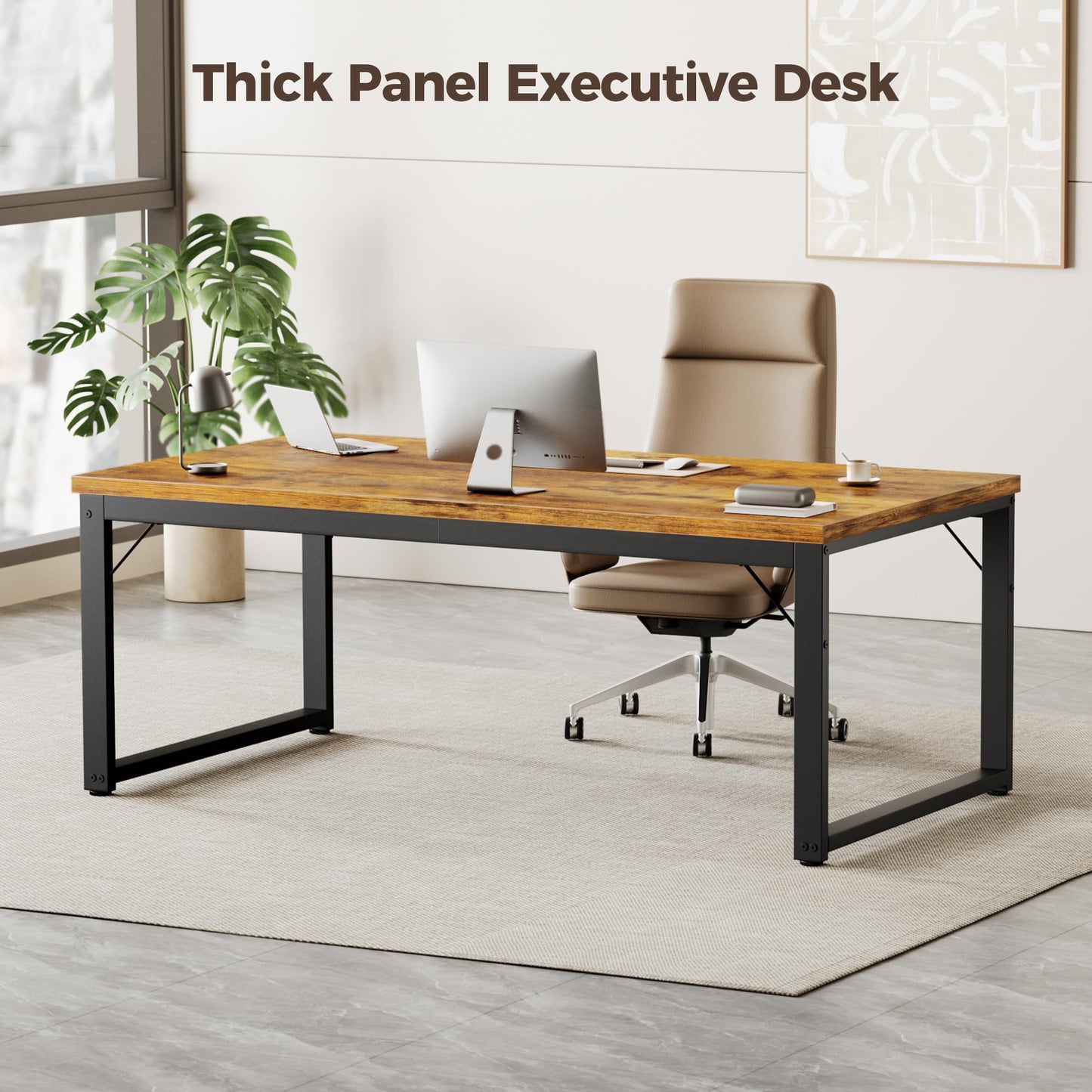Mericonia 40 Inch Computer Desk, 1" Thick Modern Simple Study Writing Table, Heavy Duty Industrial Office Desk for Home Bedroom Workstation, Brown