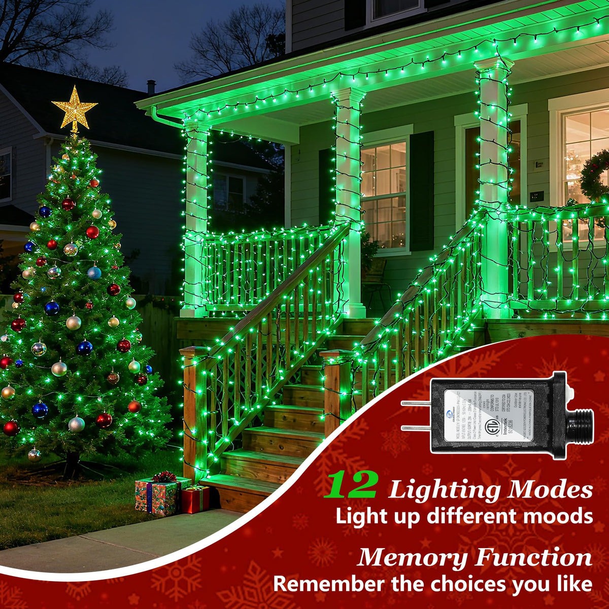 750 LED Christmas String Lights Outdoor, 240FT Twinkle Fairy Lights with Timer & Memory, 12 Modes Dimmable Waterproof St Patricks Day Decorations for House Patio Wedding Party Christmas, Green