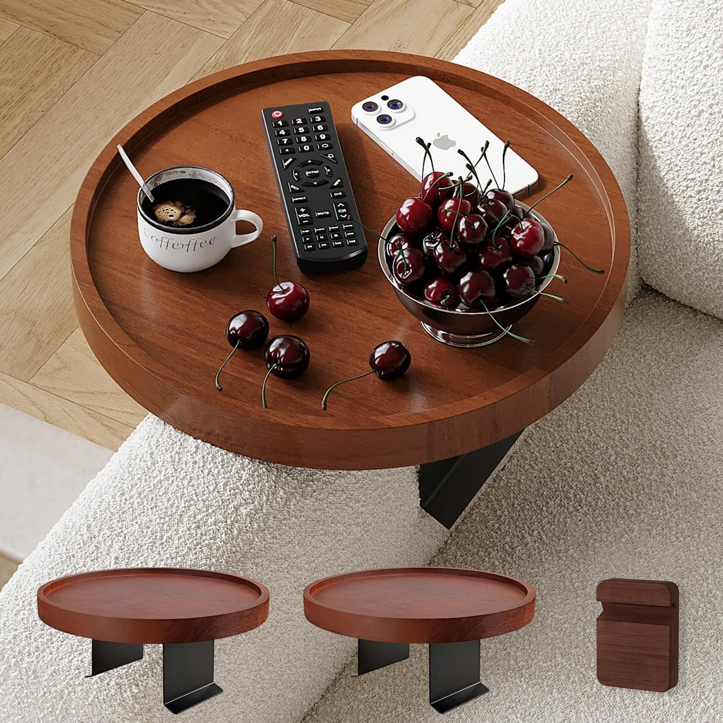 Semjar 2 Pack Sofa Arm Tray,11.8“ Adjustable Natural Wood Couch Arm Trays Tables with Phone Holder,More Anti-Slip Clip On Chair Table Tray,Round Couch Armrest Cup Holder for Drinks Snack Eating