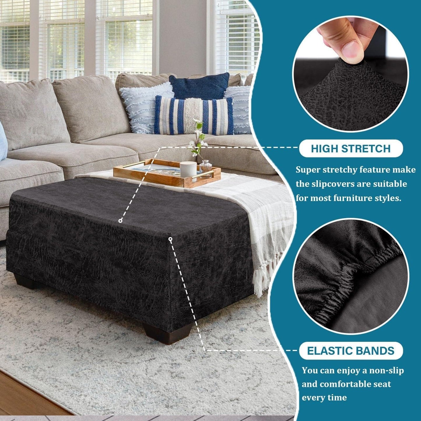 HYGPP Faux Leather Ottoman Cover Rectangle Ottoman Slipcover Waterproof Storage Ottoman Cover Stretch Non Slip Living Room Furniture Protector-Brown-Large(Black,Large)