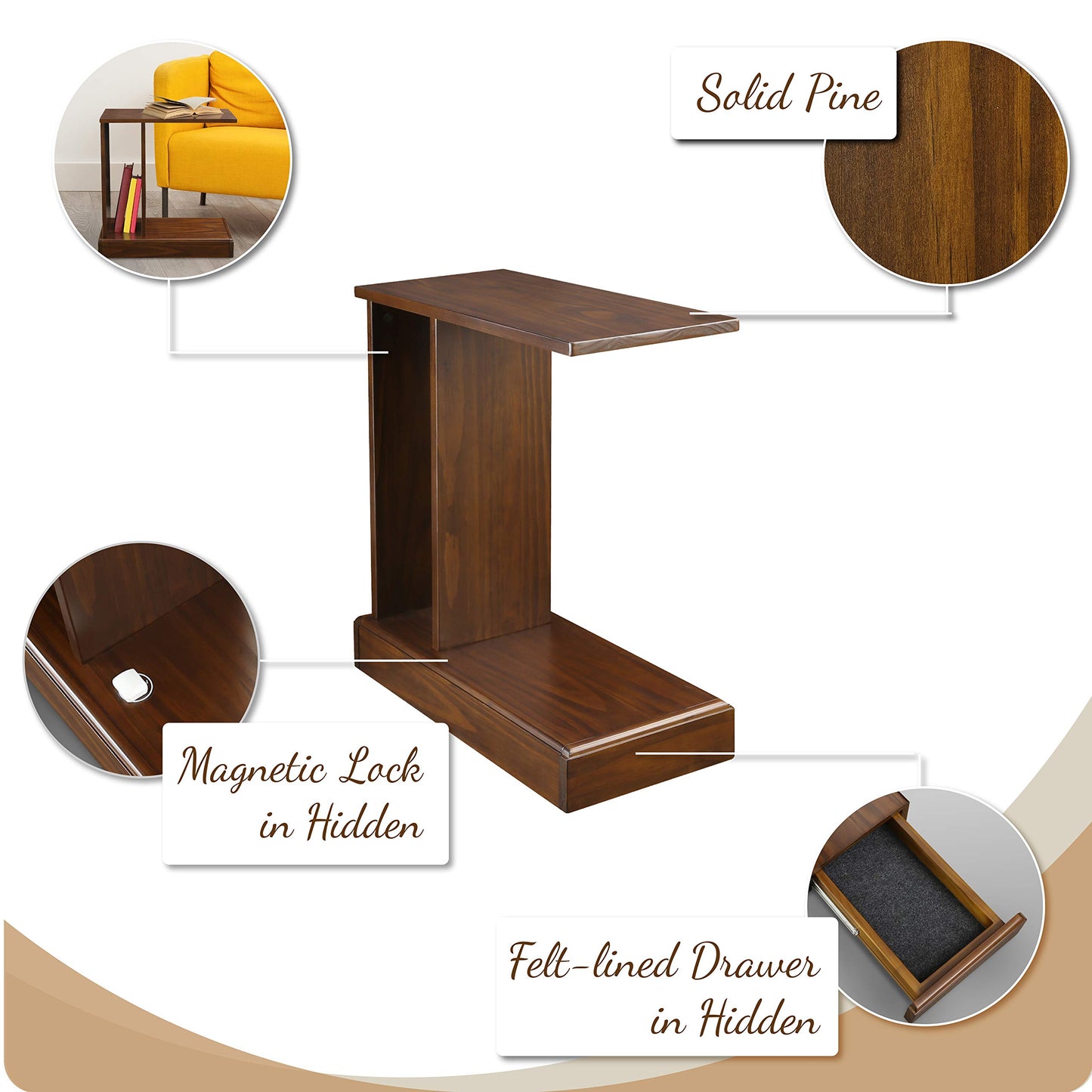 Casual Home Monroe C-Table Drawer, Concealment Furniture, Mocha, 22.75 in x 10 in x 24 in