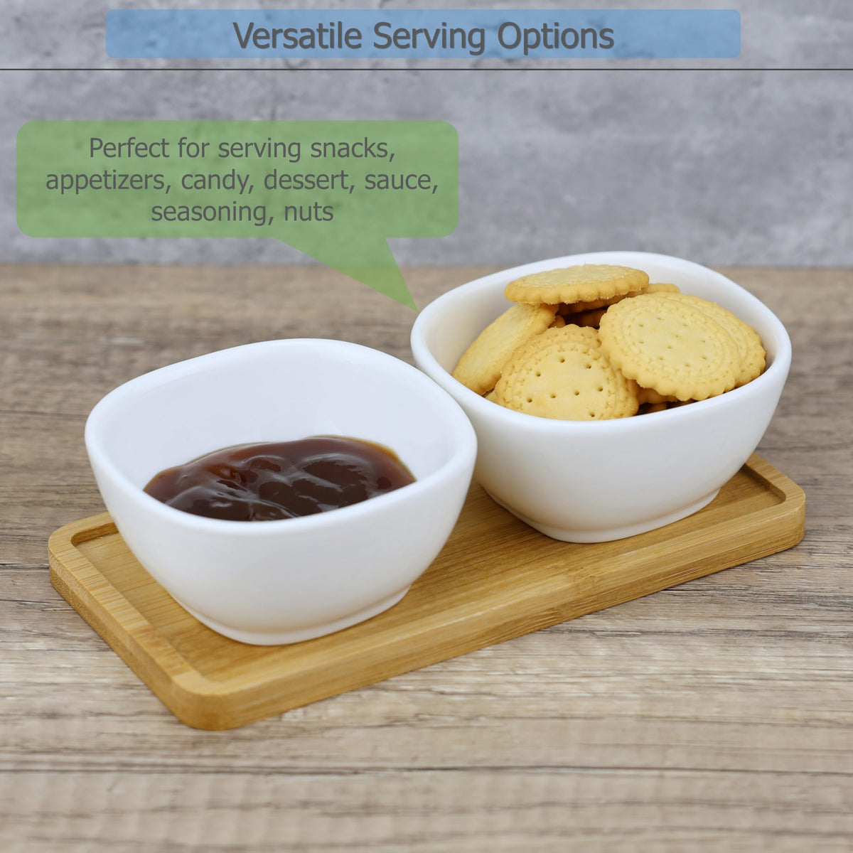 EIKS Ceramic Dip Bowls Side Dishes with Wooden Tray for Serving Appetizer Nuts Candy Snack Sauce Sauce Seasoning