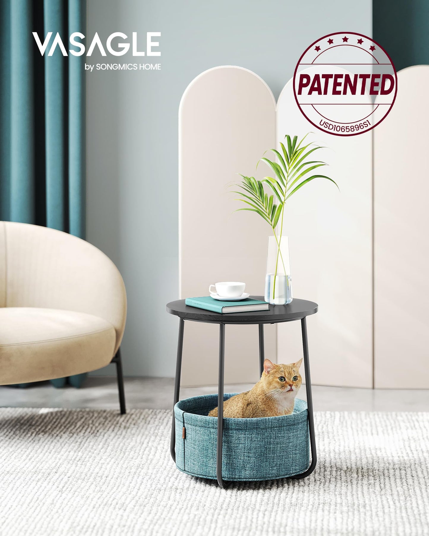 VASAGLE LILEA Collection - Small Round Side End Table, Modern Nightstand with Fabric Basket, Ebony Black and Turquoise Blue ULET223B56