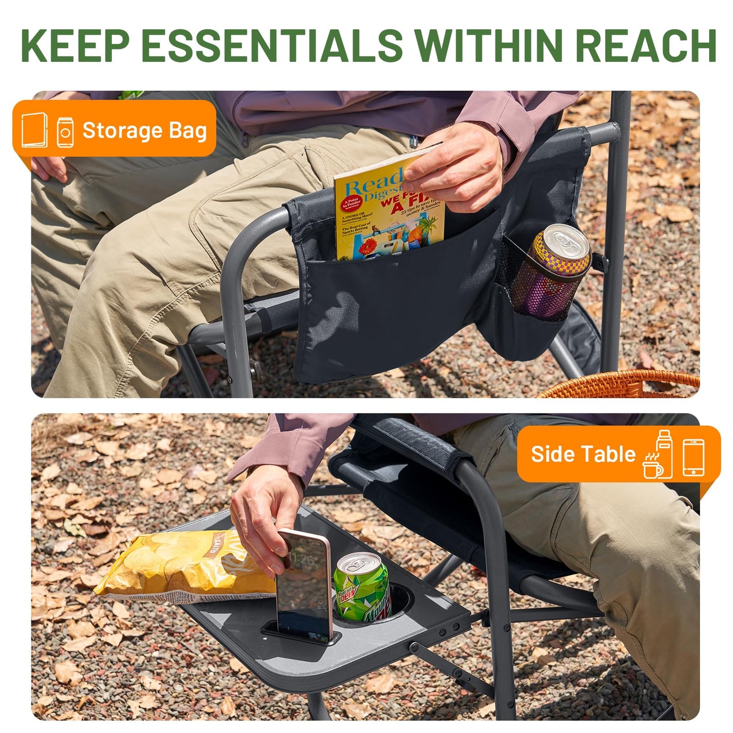 Timber Ridge XXL Director’s Chair – Heavy Duty Folding Camping Chair for Adults, 500lb Capacity, Extra Wide Padded Seat for Camping, Sports, Lawn, Courtyard, and Outdoor Use, Grey
