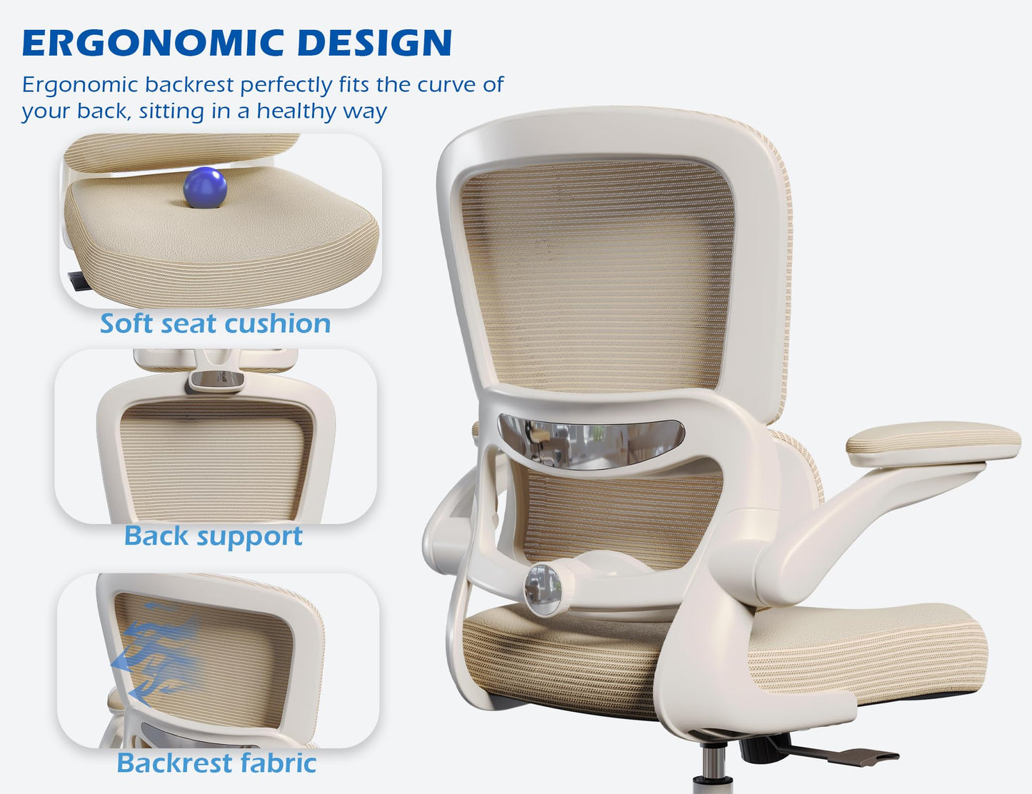 TRALT Ergonomic Office Chair - Desk Chair with Adjustable Lumbar Support Computer Chair - Mesh Comfy Chair with Flip-up Armrests - Gaming Chairs for Adults Home Office (Leather, Beige)