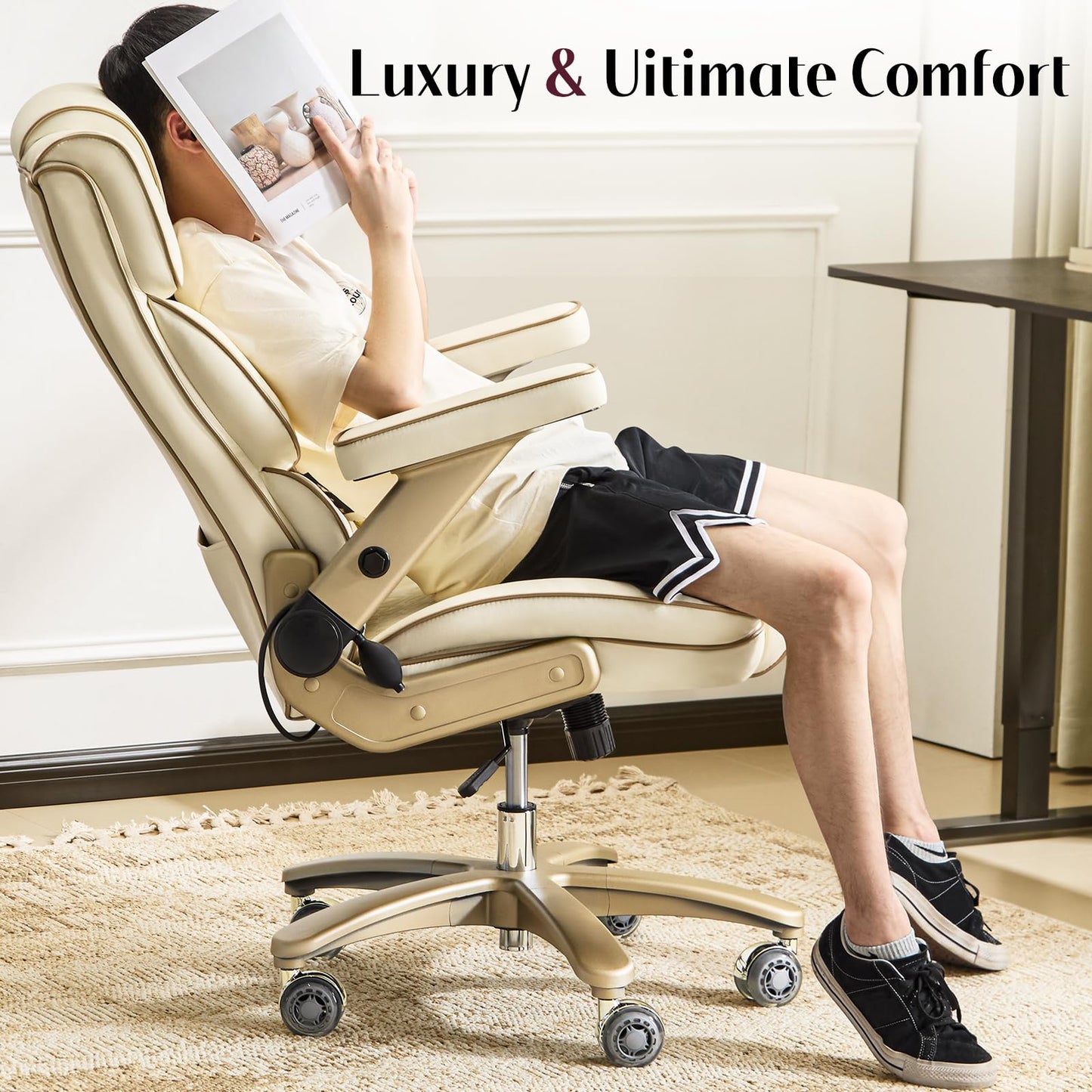 Furnistyle Big and Tall Office Chair 500lbs,5D Armrests Heavy Duty Executive Leather Chair with Comfortable Seat, Adjustable Lumbar, High Back, Large Computer Desk Chair for Home Office, Beige