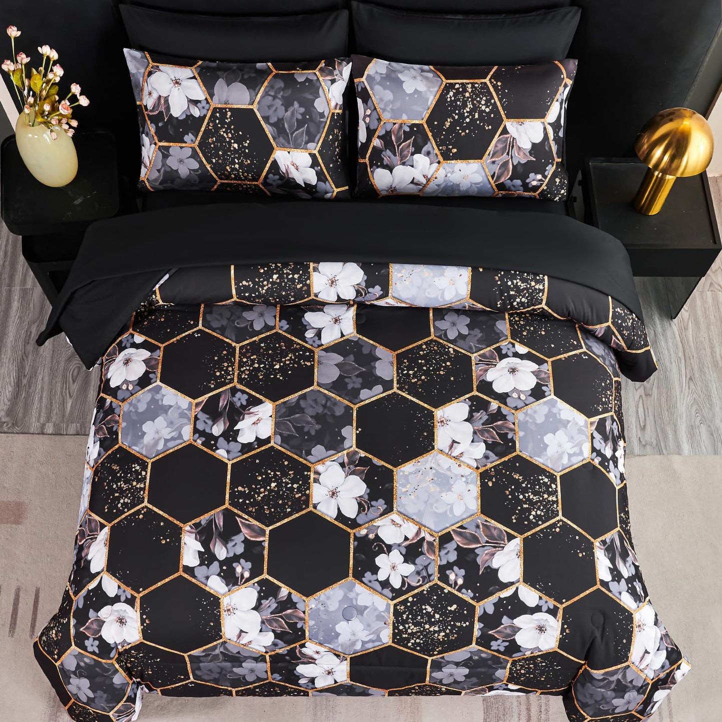 ZRNBAST 7 Pieces Queen Comforter Set, Black Geometric Bed in A Bag with Sheets, Floral Print Bedding Sets, Soft Lightweight Microfiber Bed Set for All Season(Black Floral,Queen)