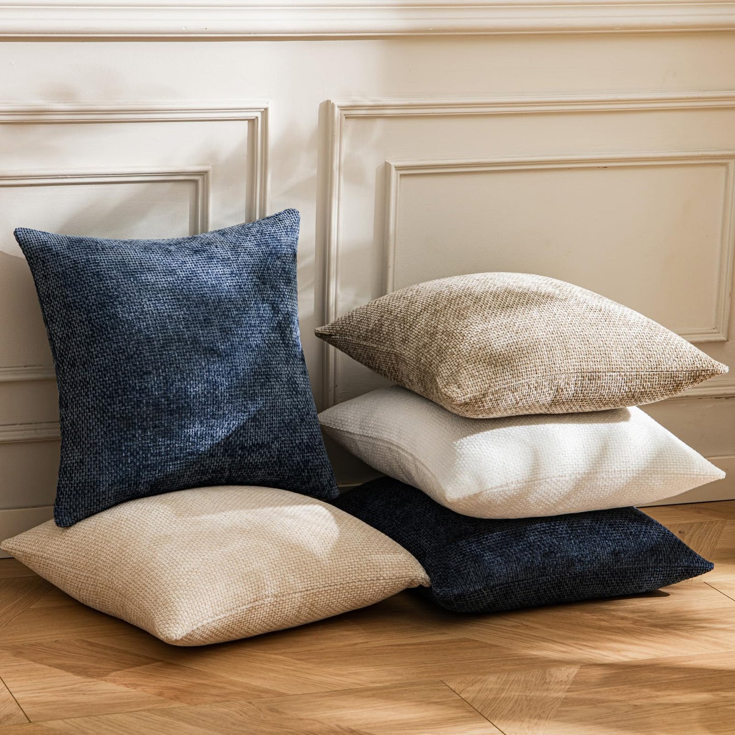 a moment Dark Blue Chenille Throw Pillow Covers 18x18 Inch Pack of 2 Modern Decorative Throw Pillow Covers Farmhouse Cross Covers Home Decor for Sofa Bedroom Living Room