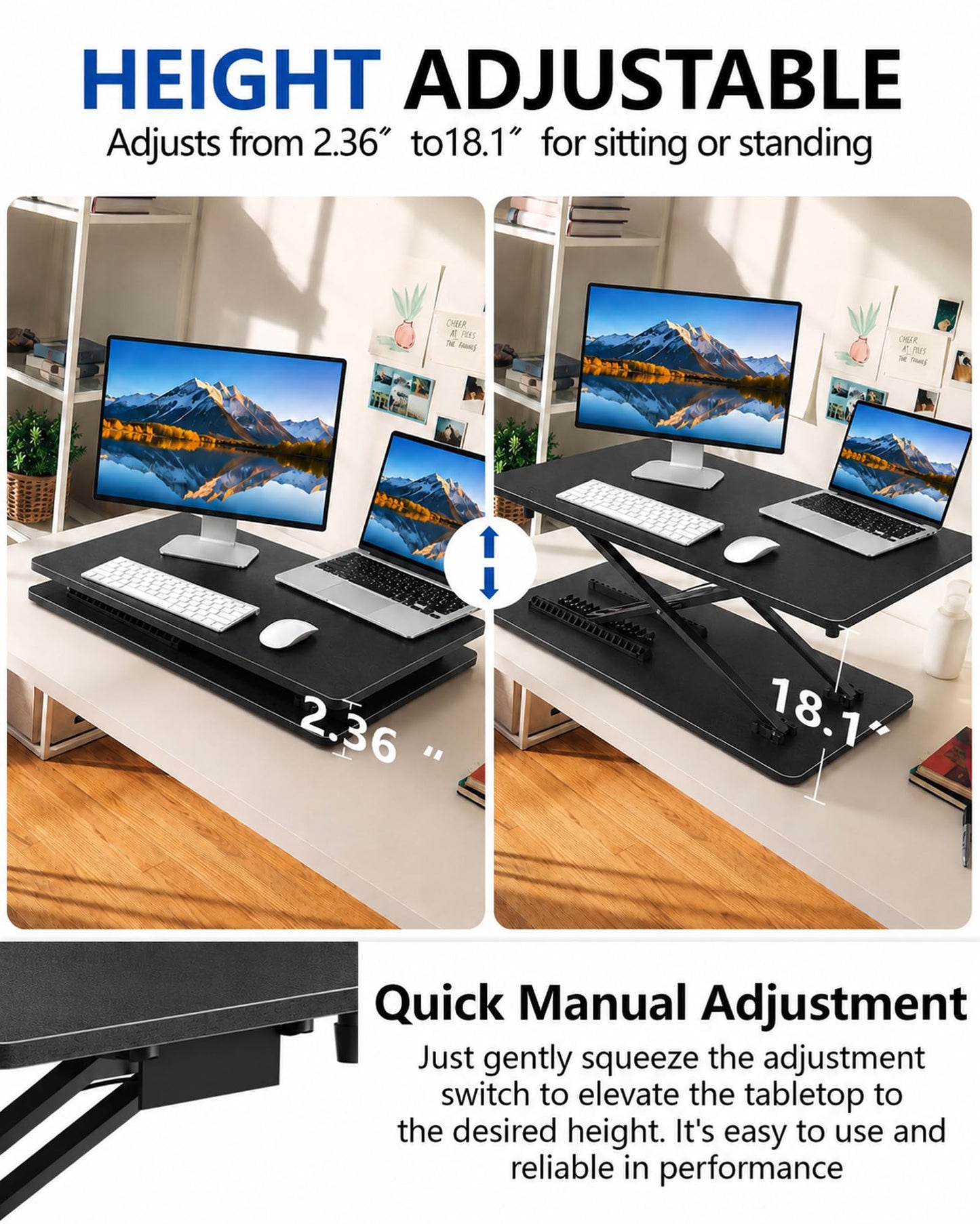 biueus Ultra-Slim Standing Desk Converter, 25.16" x 15.75" Compact Height Adjustable Desk Riser for Standing, Sit Stand Desktop Converter for Monitor or Laptop, No Assembly, Black