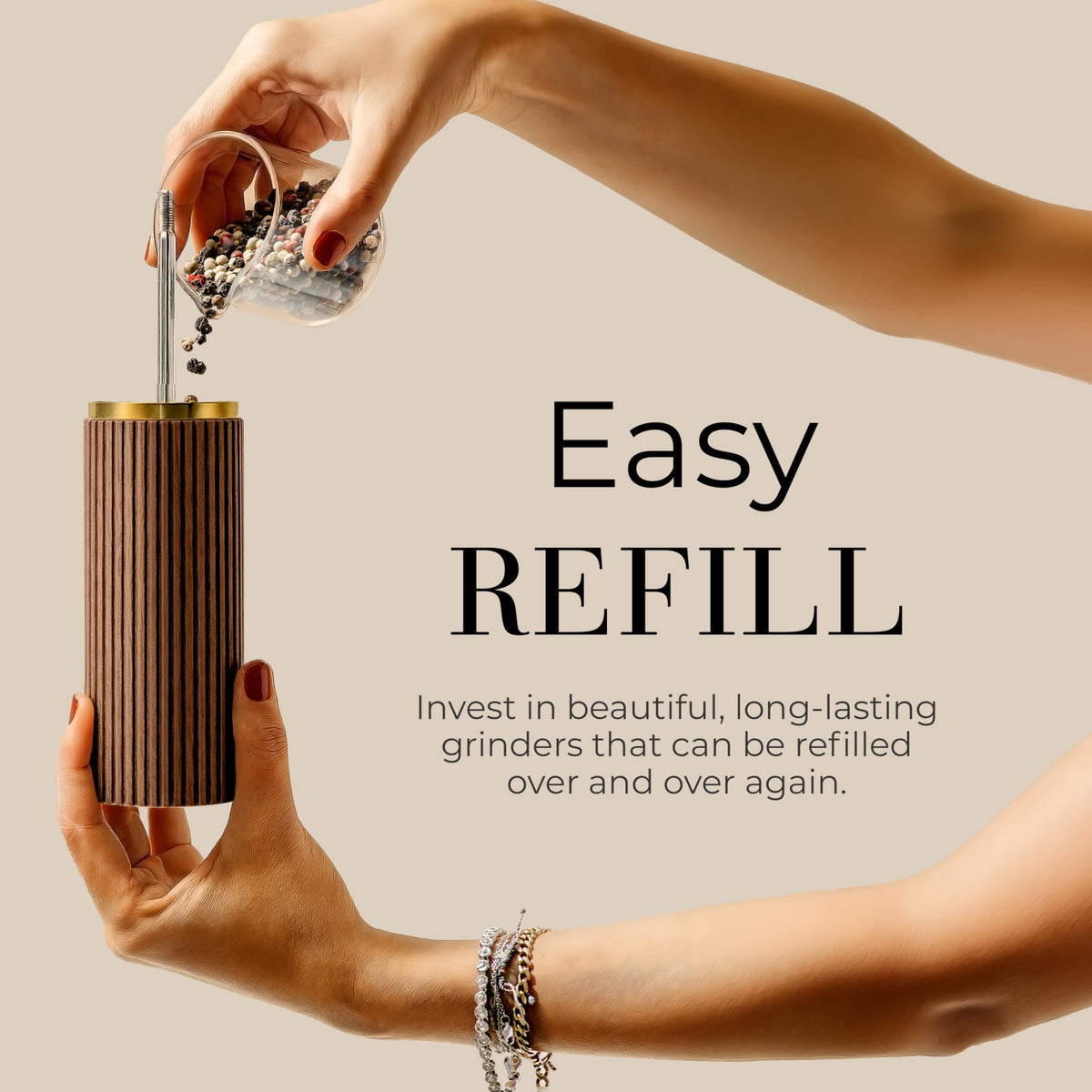 Wooden Salt and Pepper Grinder Set – Refillable Manual Salt and Pepper Mills with Adjustable Ceramic Burrs, Gold Detailing, and Wood Stand – Dark Wood