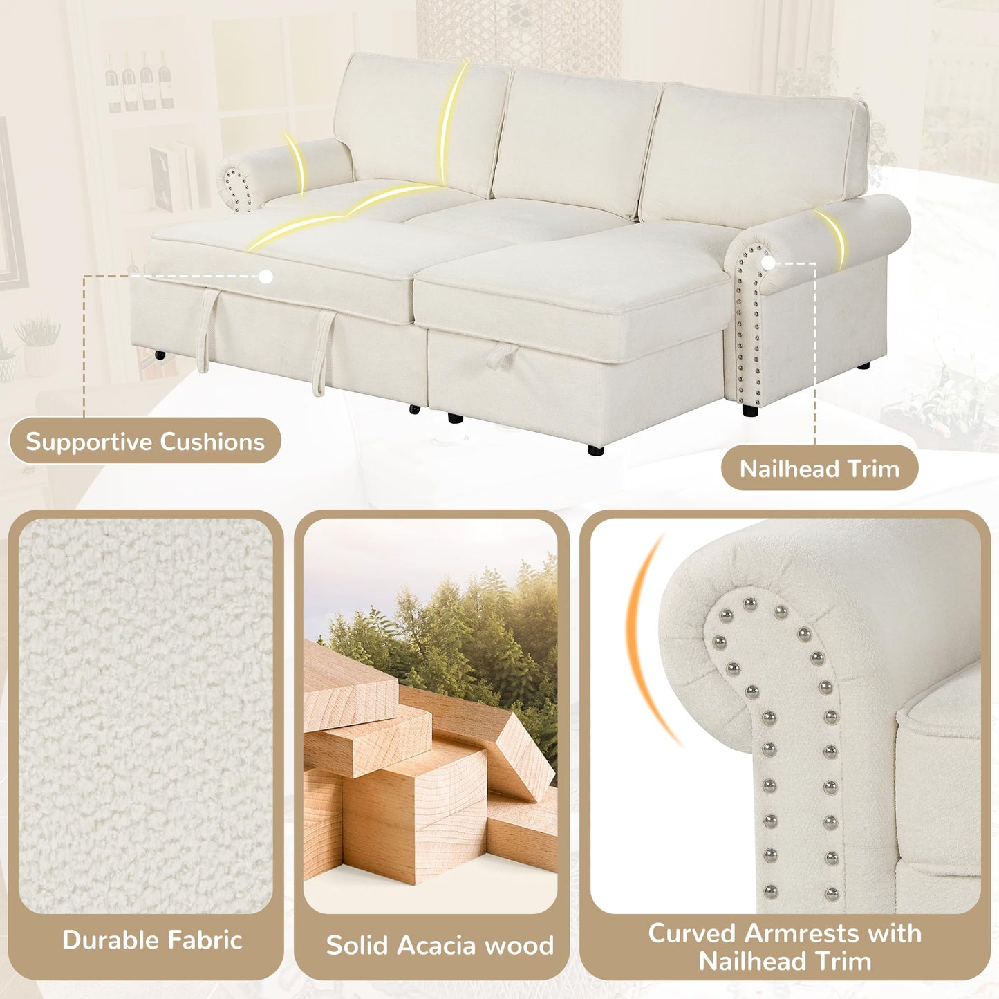 ERYE 95-Inch L-Shaped Reversible Sleeper Sectional Sofa Oversized Corner Pull Out Sleeper Couch Bed with Cup Holders and Nailhead Decor, Comfy Chenille Upholstered Corner Sofa Bed