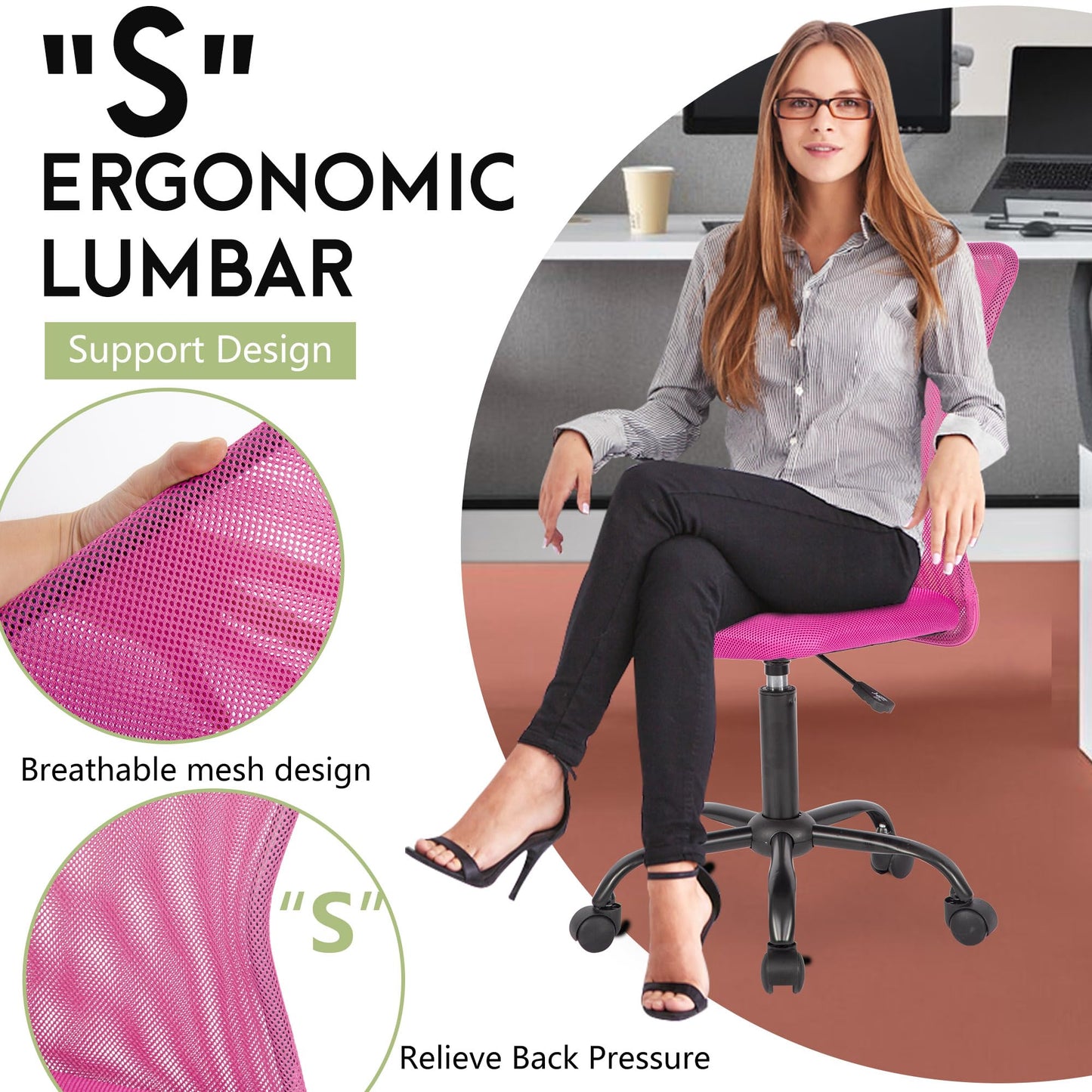 BestOffice Ergonomic Office Chair Desk Chair Mesh Computer Chair Armless Back Support Modern Executive Rolling Swivel Chair with Lumbar Support(Pink)