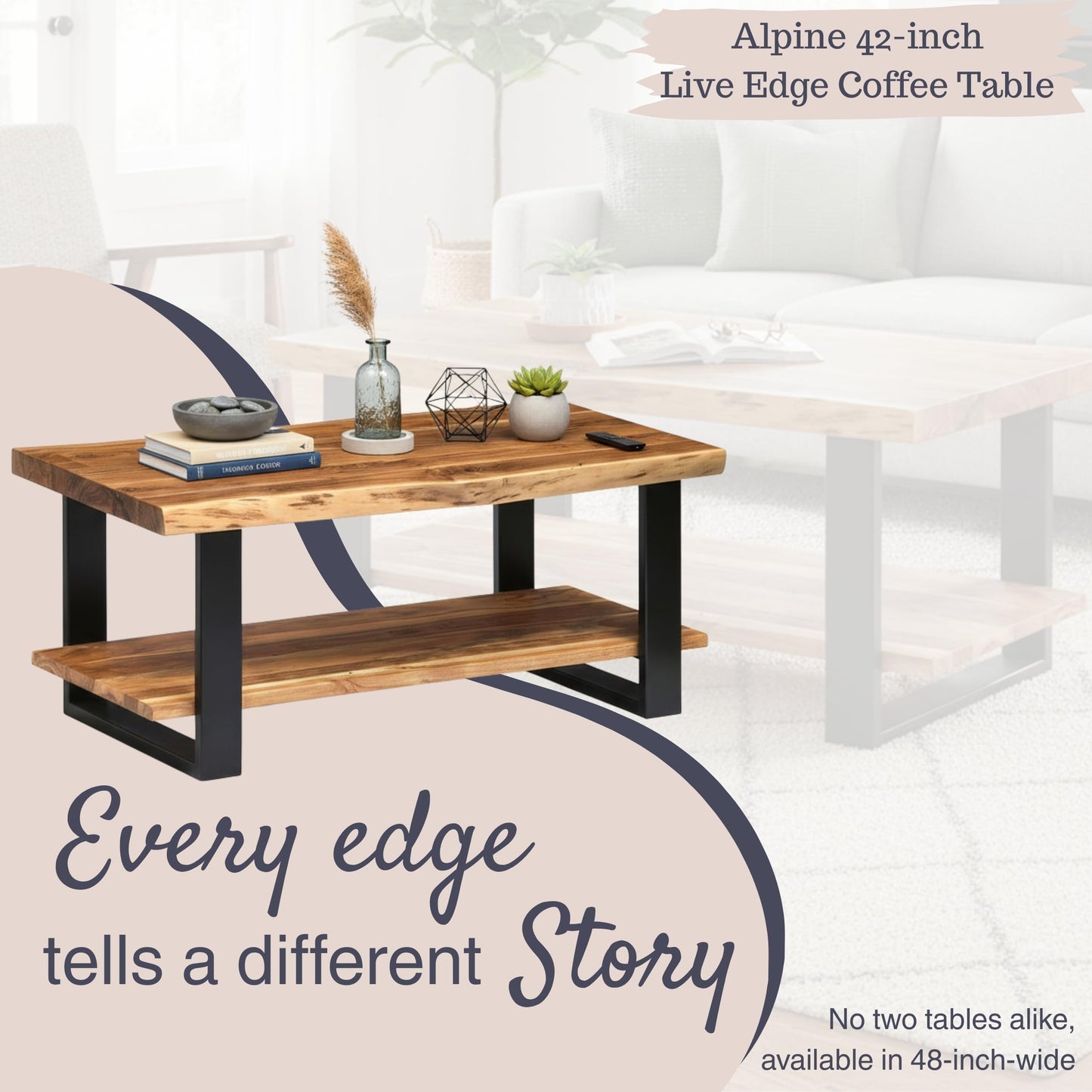 Alaterre Furniture Alpine 2-Tier Live Edge Coffee Table – 42" Solid Acacia Wood with Natural Finish, Lower Shelf Storage and Metal Frame – Rustic Industrial Style for Living Room or Home Office