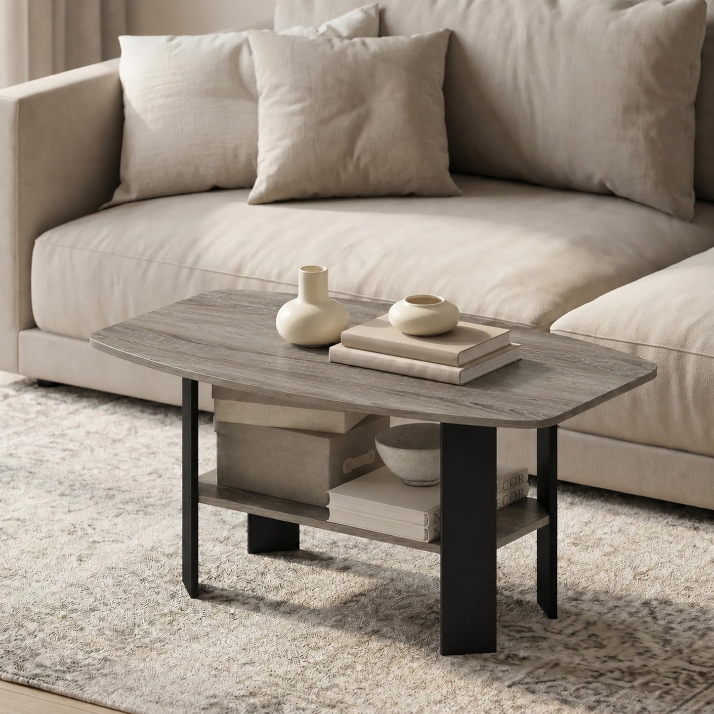 Furinno Simple Coffee Table, 2-Tier Small Coffee Table wih Open Shelf, Side Table, Tabletop with Soft Edges, for Living Room, Home Office, Grey Oak