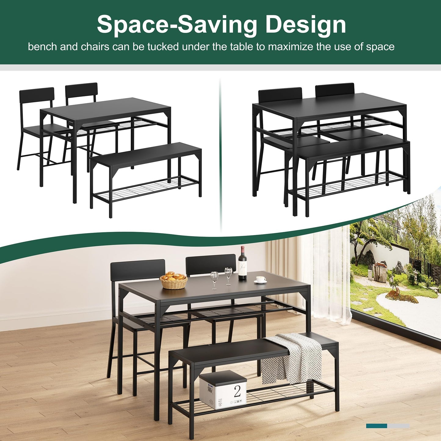 Shintenchi Kitchen Table Chairs Set of 4, Dining Table Set for 4 with Bench and Chairs, 4 Pieces Kitchen Table Set with Storage Rack & Metal Frame for Small Space, Solid Black