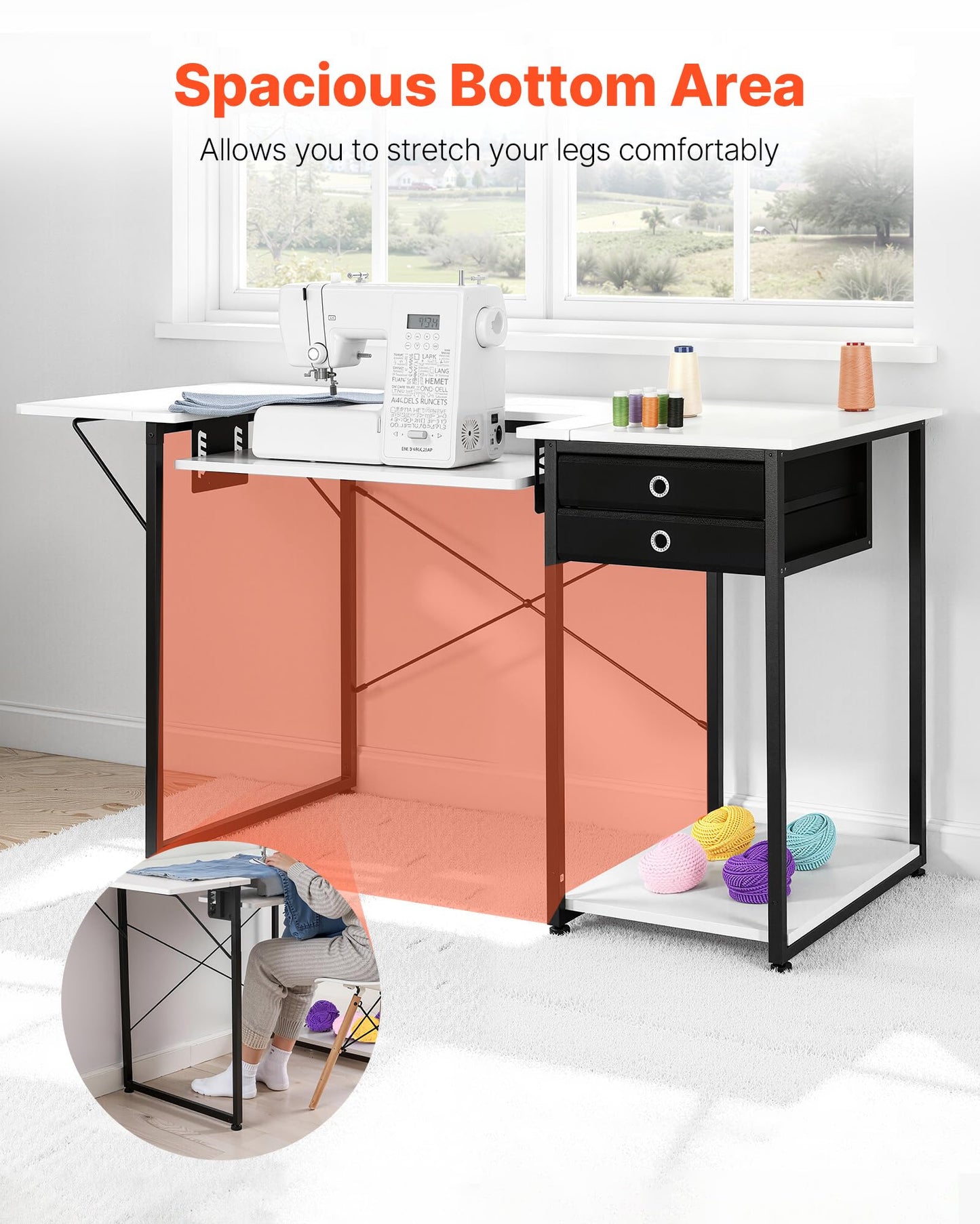 VEVOR Sewing Table, Multipurpose Sewing Machine Table with Foldable Side Shelf, Adjustable Shelf, Steel Legs, Computer Desk for Home, Fashion Studio, Art Studio, Educational Institution, White