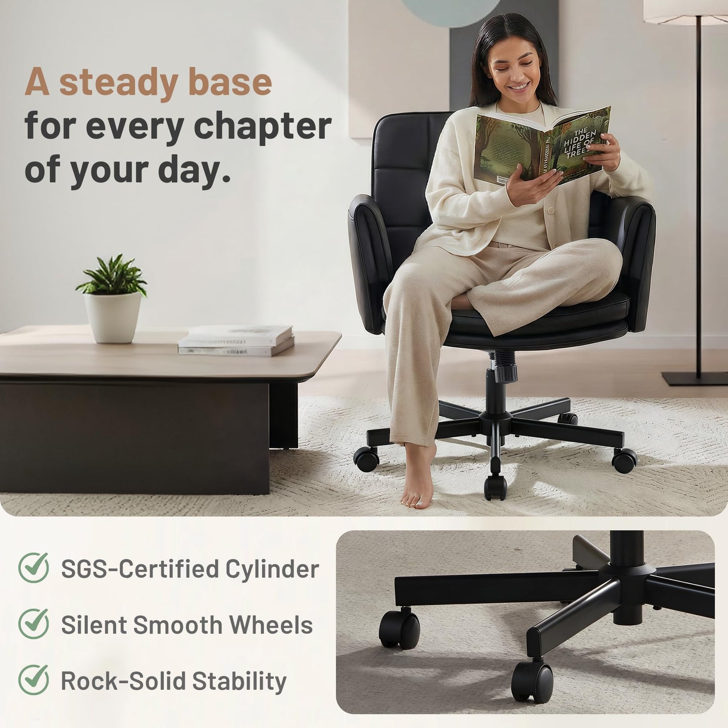 Hayelf Criss Cross Chair with Wheels - PU Leather Comfy Wide Seat Criss Cross Desk Office Chair with Armrests - Comfortable Swivel Rolling Tilting Vanity Chair with Back for Home Office Makeup Bedroom