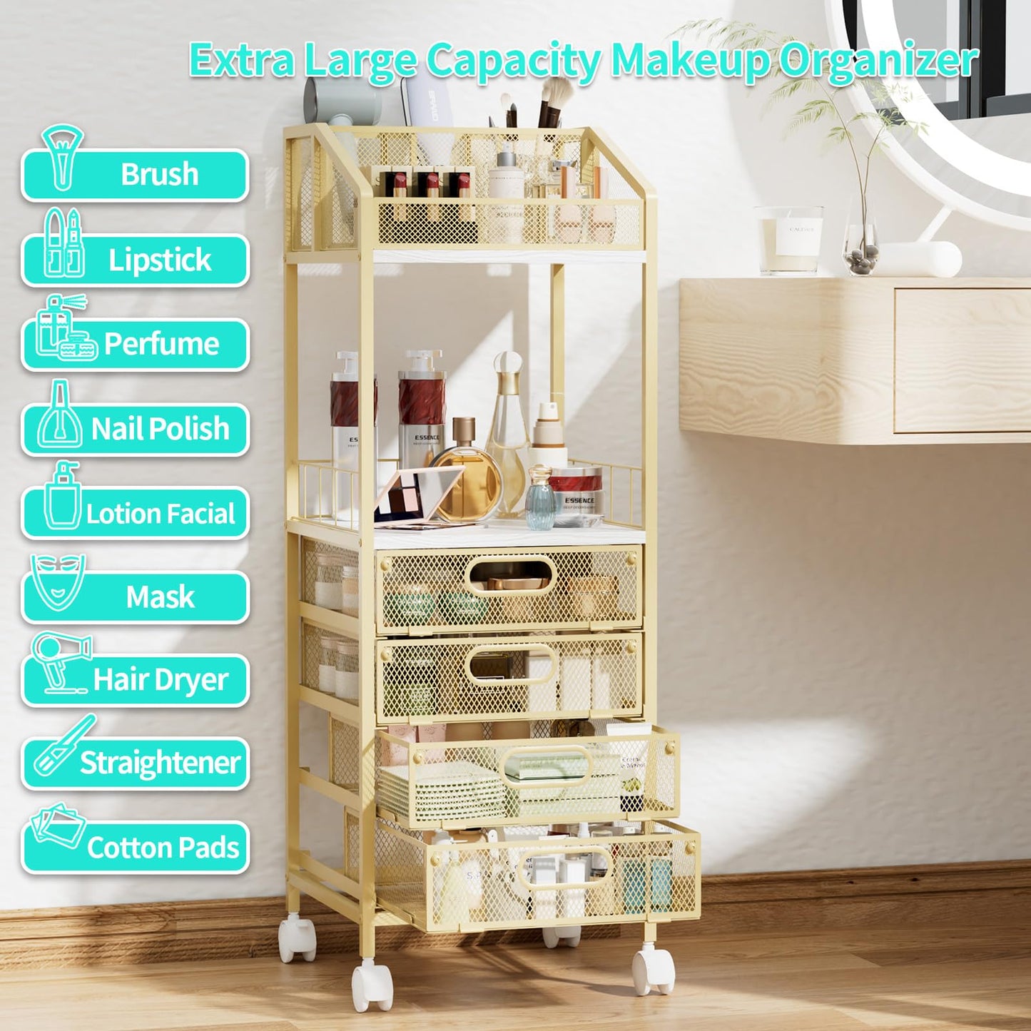 HapiRm Makeup Organizer Storage Cart - Floor Skincare Make Up Storage with 4 Drawers, Rolling Makeup Cart Vanity Organizer Cosmetics Display Cases Holder for Skin Care Perfume Nail Polish, Gold