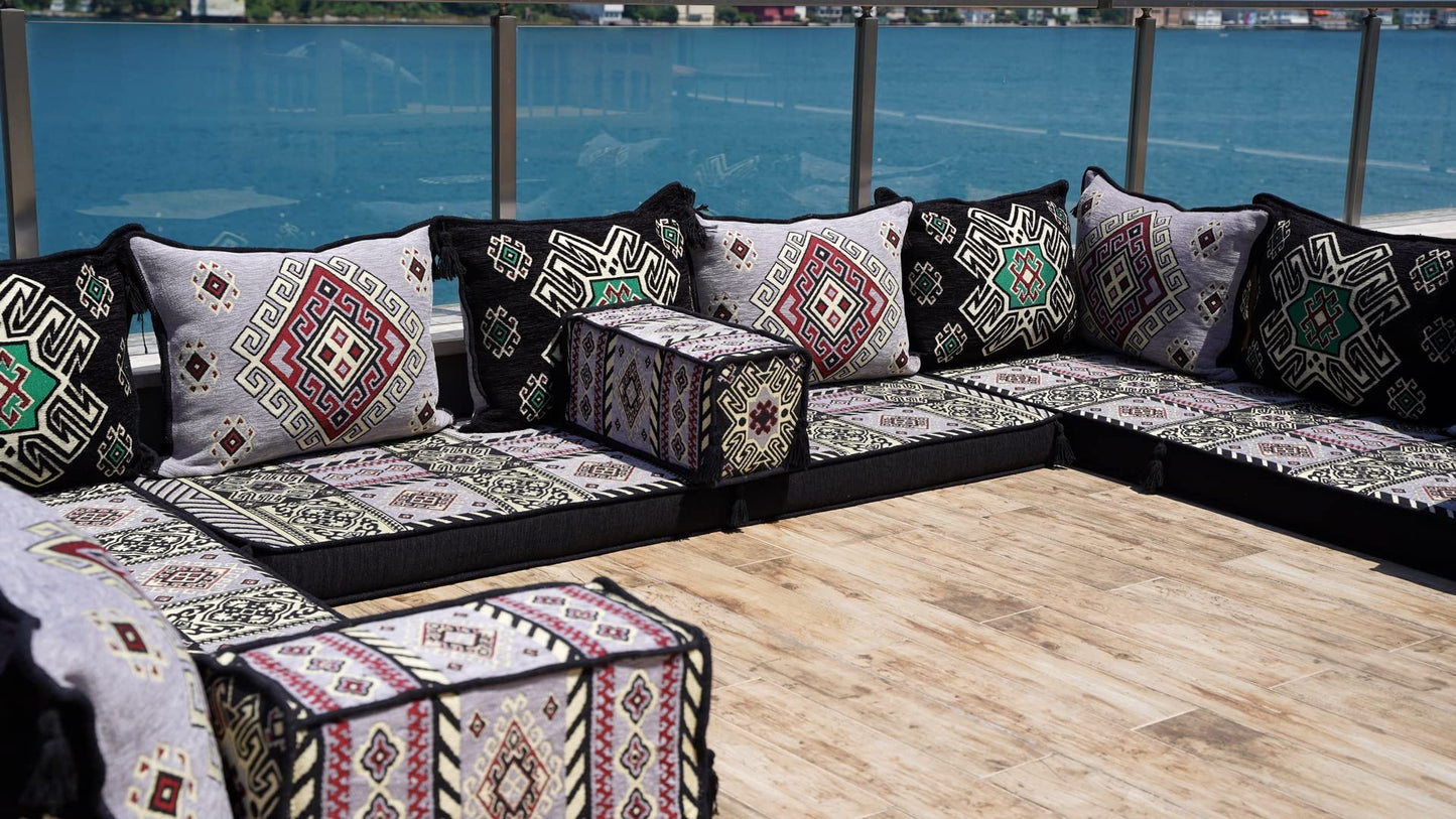 arabicsofa Handmade Gray U Shaped Arabic Sofa Set – Traditional Floor Seating – Oriental Boho Style Cushions