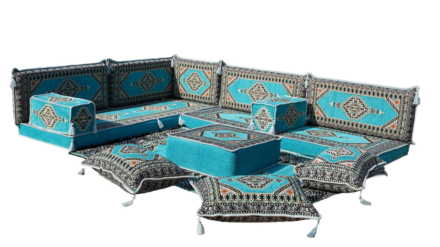 L Shaped Arabic Floor Cushions, Sectional Sofas, Arabic Majlis Set, Custom Made Sofa, Arabic Sofa Set, Seating Cushions (4'' Thickness Sofa, L Sofa Full Set, Turquoise)