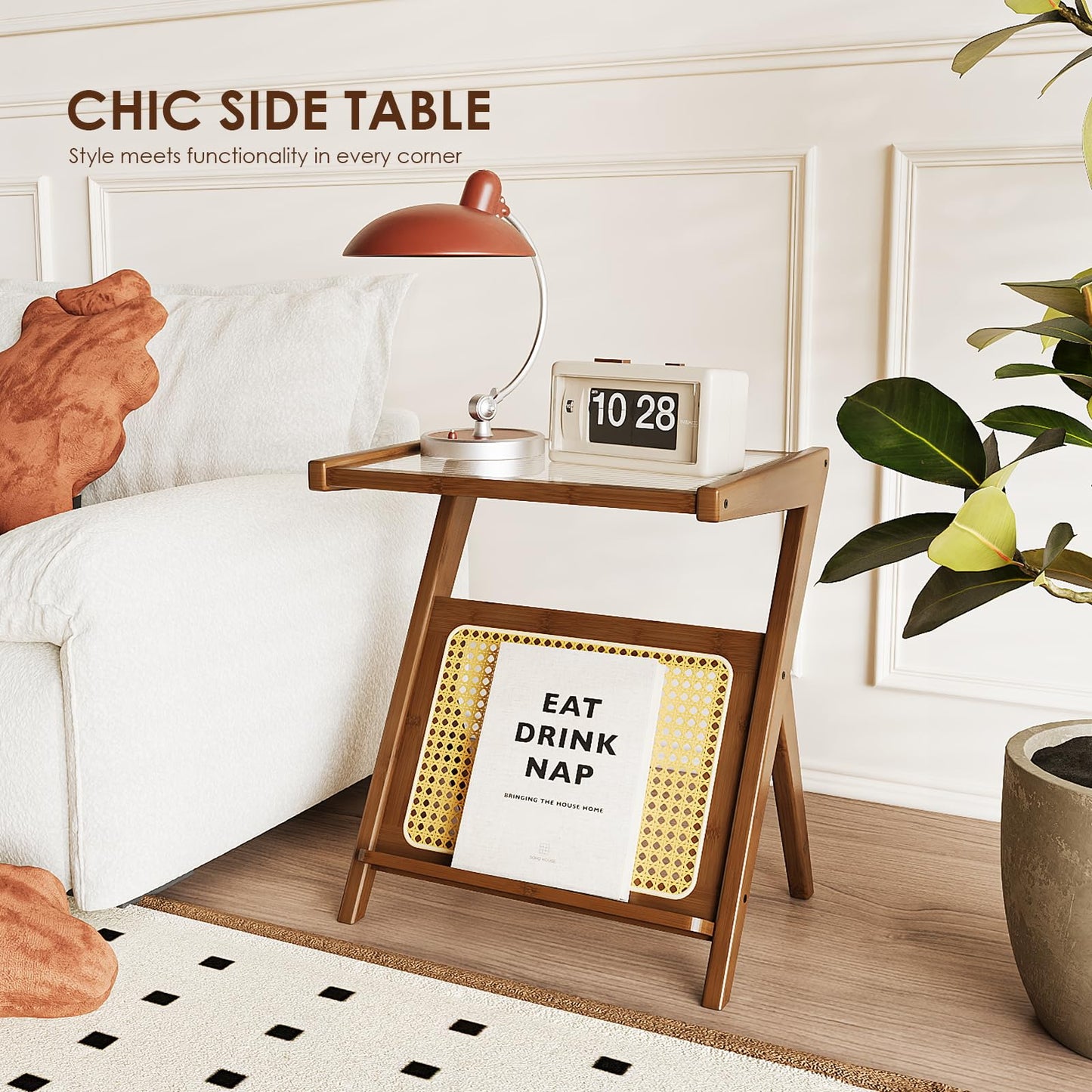 Bamworld Rattan Side Table Boho NightStand Mid Century Modern End Table Glass Bedside Table Small End Tables Bamboo Coffee Table with Storage Record Player Stand for Living Room Bedroom