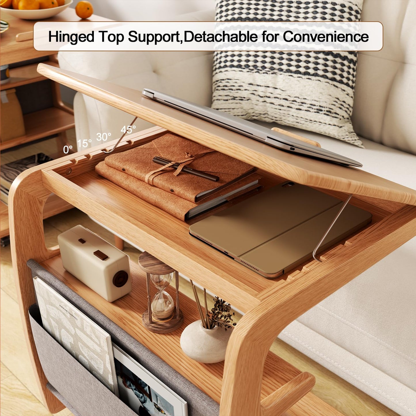 AQIMUELE Rolling Side Table, C Shaped End Table, C Table with 4 Wheels Solid Wood Small Rolling Desk with Adjustable Desktop,C Shaped End Table for Couch,Home Office(15.6" D x 23.6" W x 24.3" H)