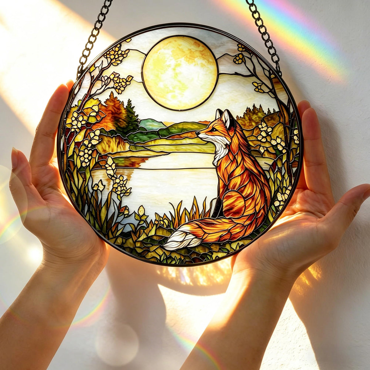 Stained Glass Window Hanging, 7.8 Inch Fox Stained Glass Suncatcher, Woodland Animal Window Decor, Sun Catchers Indoor Window Ornament, Fox Lover Gift, Gifts for Mother's Day, Father's Day & Birthday