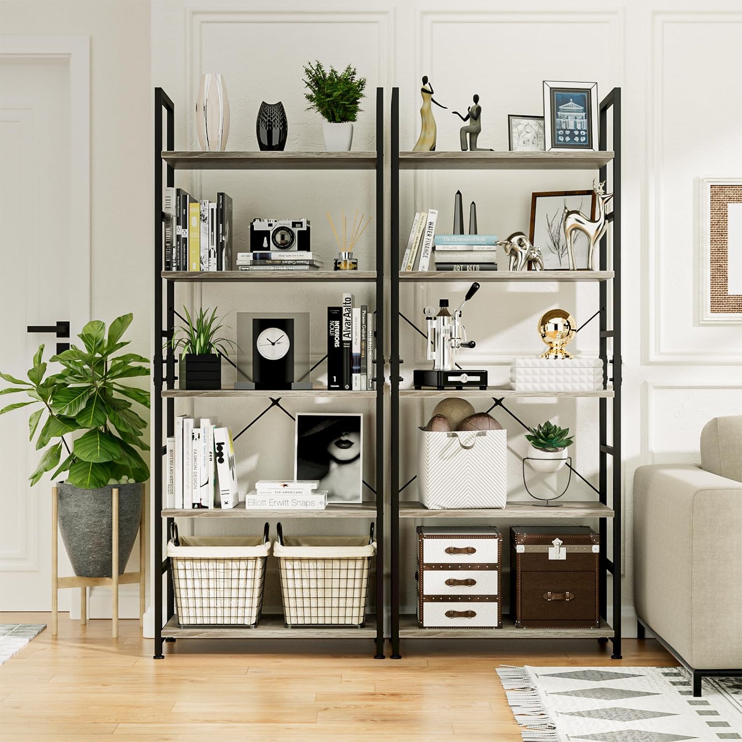 NUMENN 5 Tier Bookshelf, Tall Bookcase Shelf Storage Organizer, Modern Book Shelf for Bedroom, Living Room and Home Office, Grey