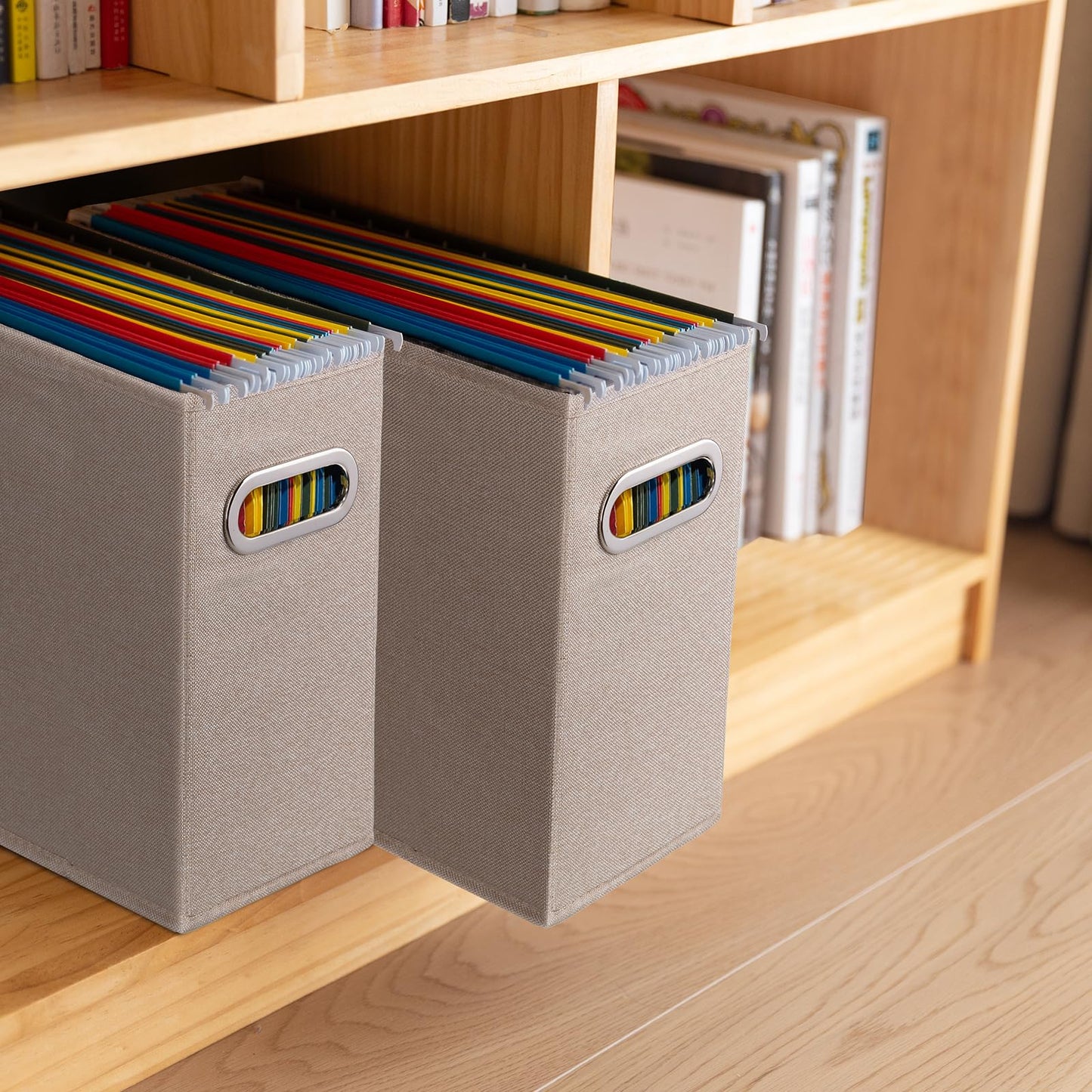ComfortKeeper 2 Pack Letter Size File Storage Box Collapsible, Fabric Hanging File Folders Organizer, Portable Office Document Holder with Metal Handle, Smooth PVC Rails, Beige