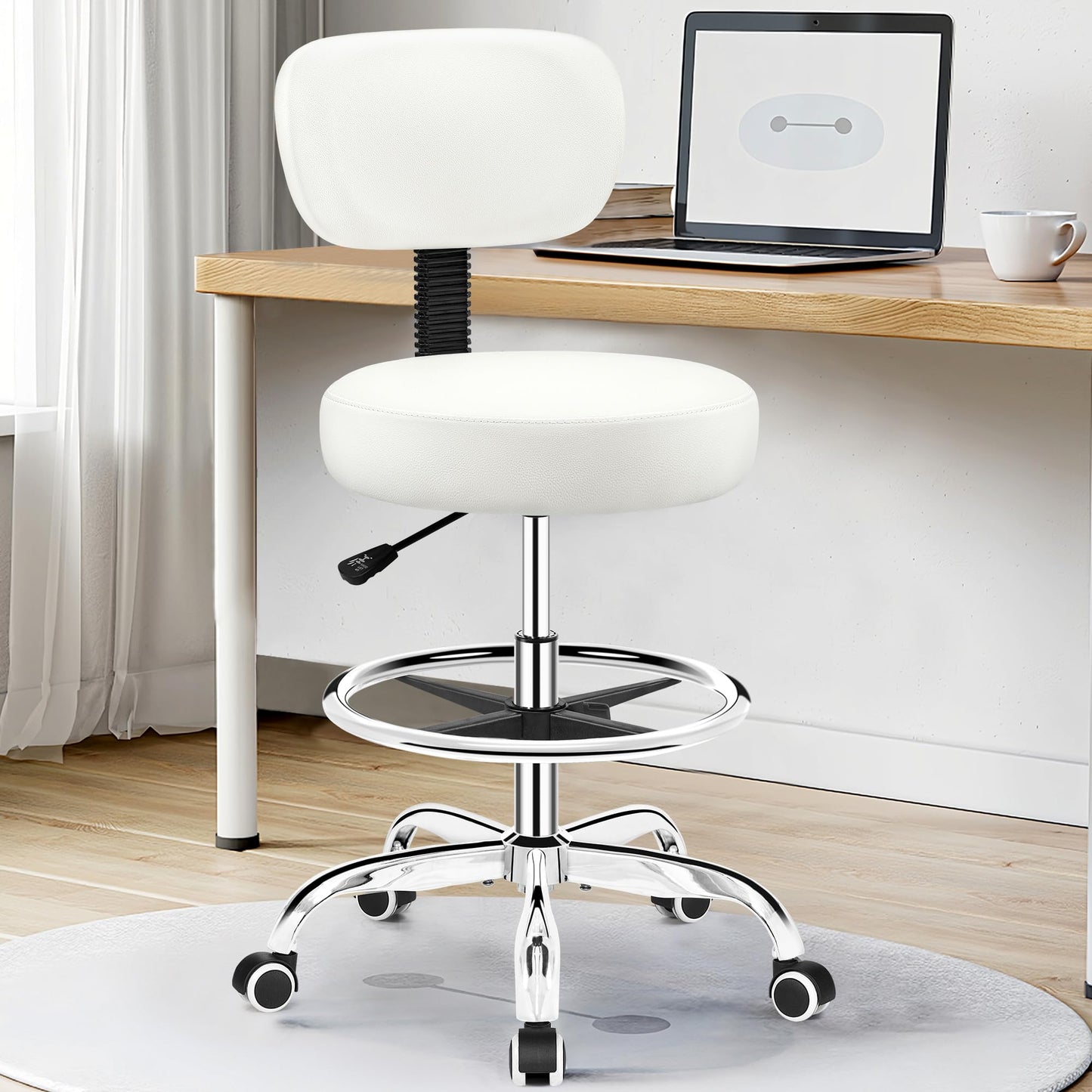 Brick Attic Drafting Chair with Backrest – Adjustable Foot Rest Rolling Stool with Wheels, PU Leather Swivel Stool for Office Spa Studio Lab Counter Salon Home Work Bar Kitchen Shop(White)