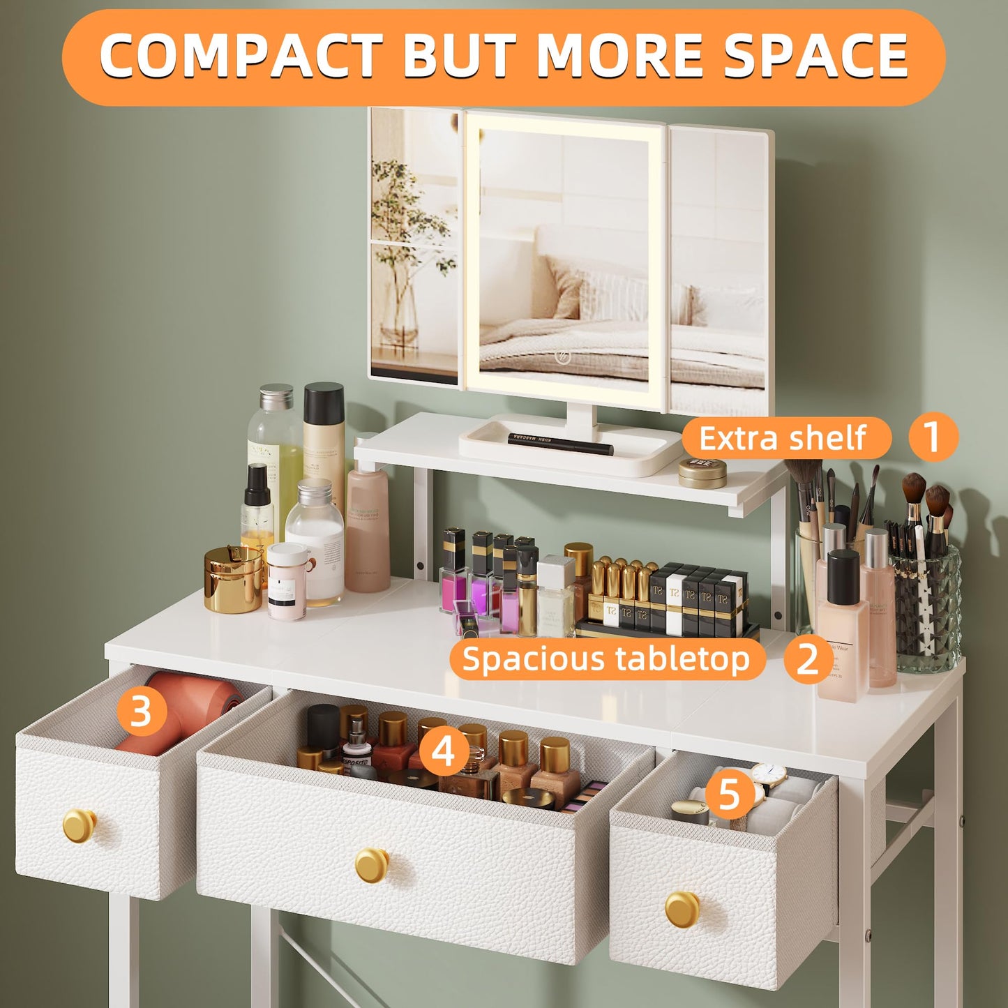 HIGDBFE Small Makeup Vanity Desk 27.5''W with Mirror and Lights, Vanity Desk with 3 Fabric Drawers and Height-Adjustable Stand, Vanity Table for Girls Gifts, Bedroom and Small Spaces, White