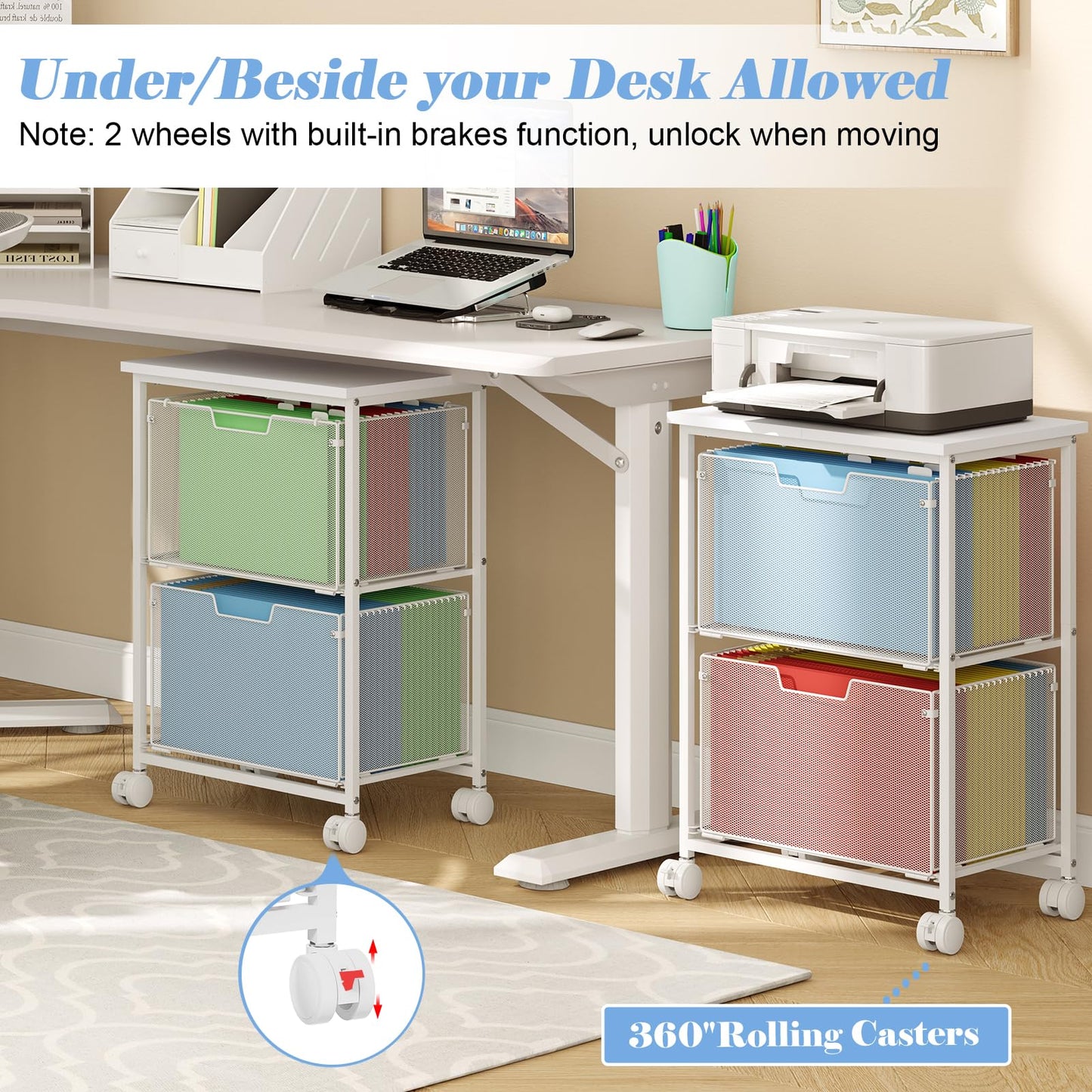 Sbanmao Letter/Legal Rolling File Cabinet, Rolling File Cart with 2 Drawers Filing Cabinet for Home Office, Hanging File Folders Organizer for Under Desk Storage, Mobile Printer Stand, White