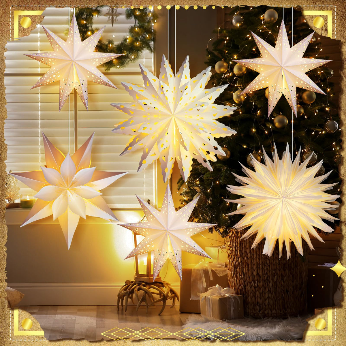 Watersay 6 Pack Winter Snowflake Paper Lantern Star Paper Lanterns with 6 LED Light White Hanging Lamp Ornaments for Christmas Winter Weddings Birthday Holiday Party Decoration(Classic Style)