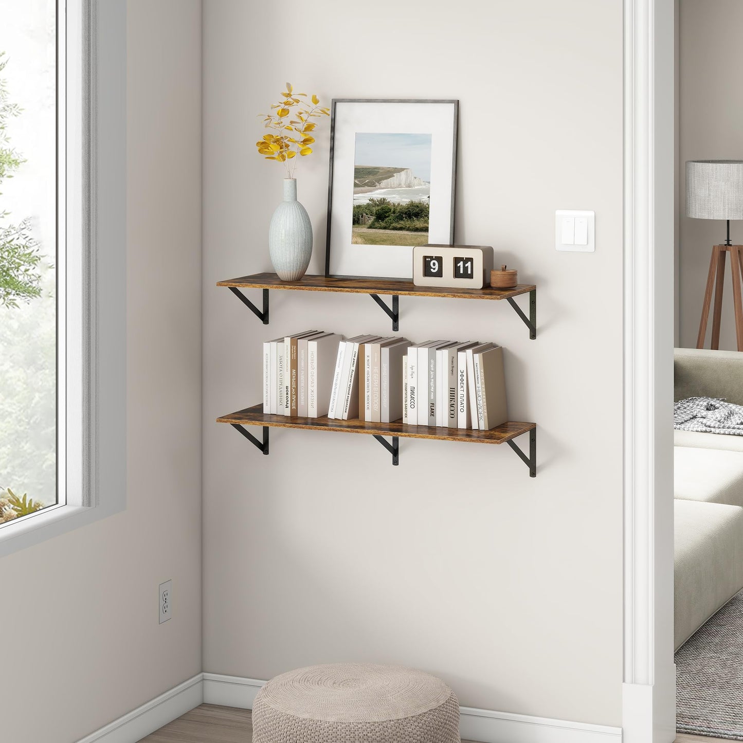 36"W x 12"D Floating Shelves, Deep Floating Shelves with Brackets, 12 Inch Deep Wall Shelves for Books, Wide Display Storage Shelves for Bathroom, Living Room, 36 Inch Long, Rustic Brown, Set of 2