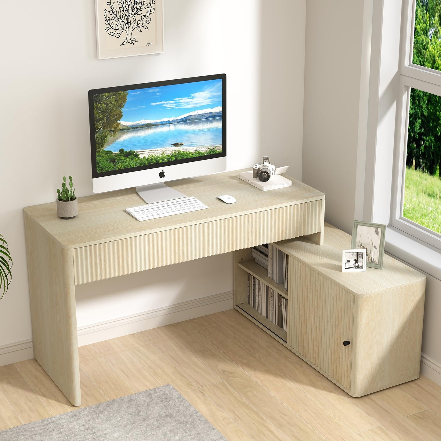 Giratree Modern Computer PC Desk Table with Storage, Corner L Shaped Desk with Drawers, Home Office Desk for Bedroom and Small Space, for Writing, Executive, Study, Work, Vanity - Natural