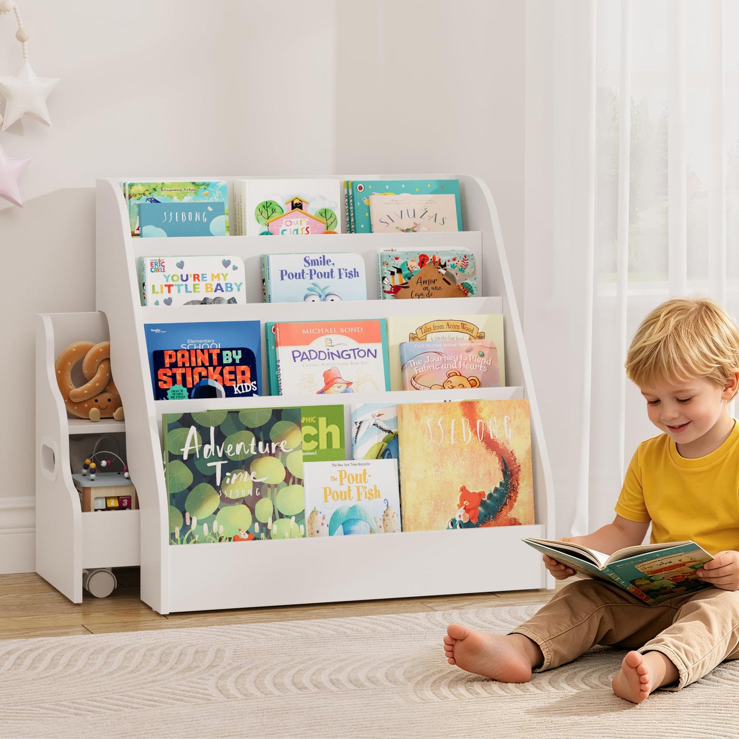 2-in-1 Montessori Kids Bookshelf - Toddler Nursery 4 Tier Wooden Kids Book Shelf, Display Book Shelf for Kids Rooms, Children Bookcasewith Toy Rolling Cart, for Toddler Nursery, Playroom & Classroom